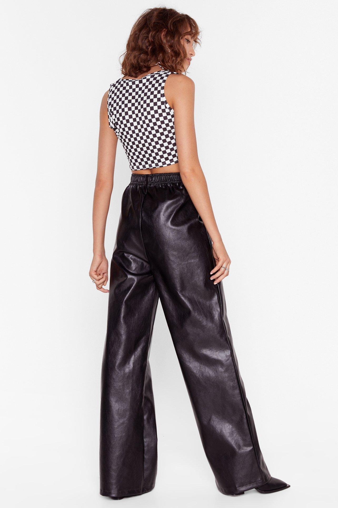 black leather wide leg trousers