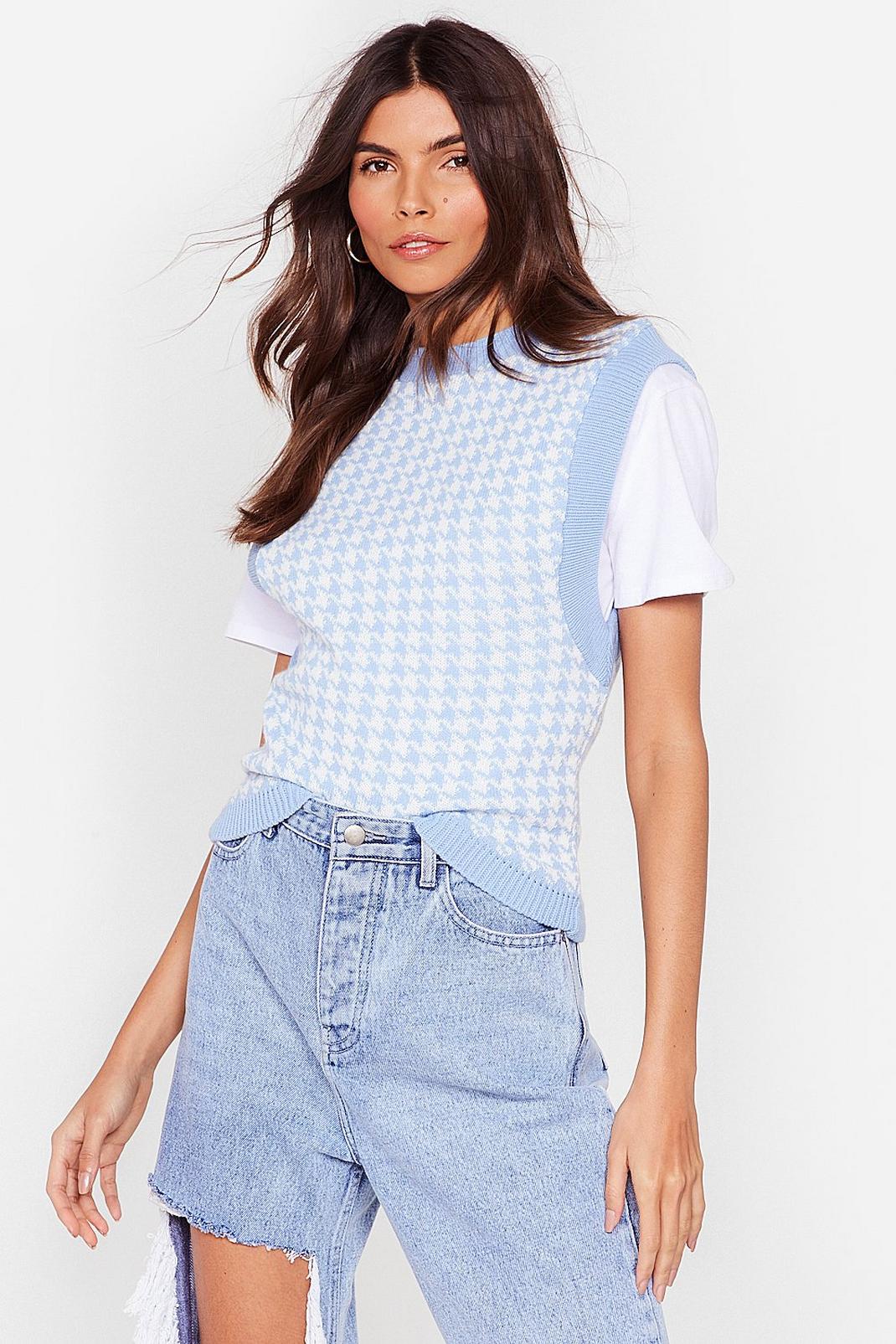 Baby blue Houndstooth Knitted Sleeveless Tank image number 1