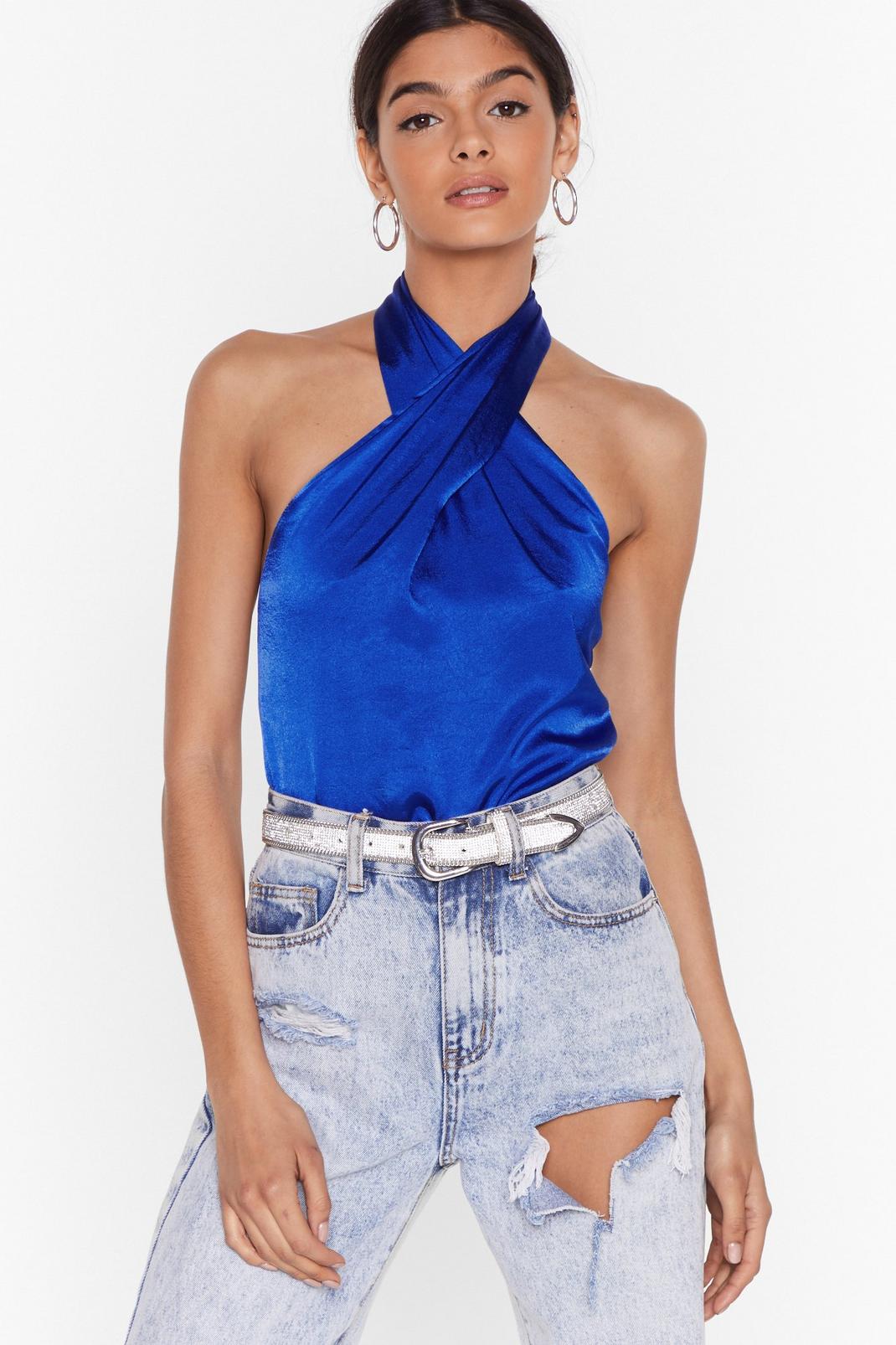 Blue Halter Who Goes There Satin Cami Top image number 1