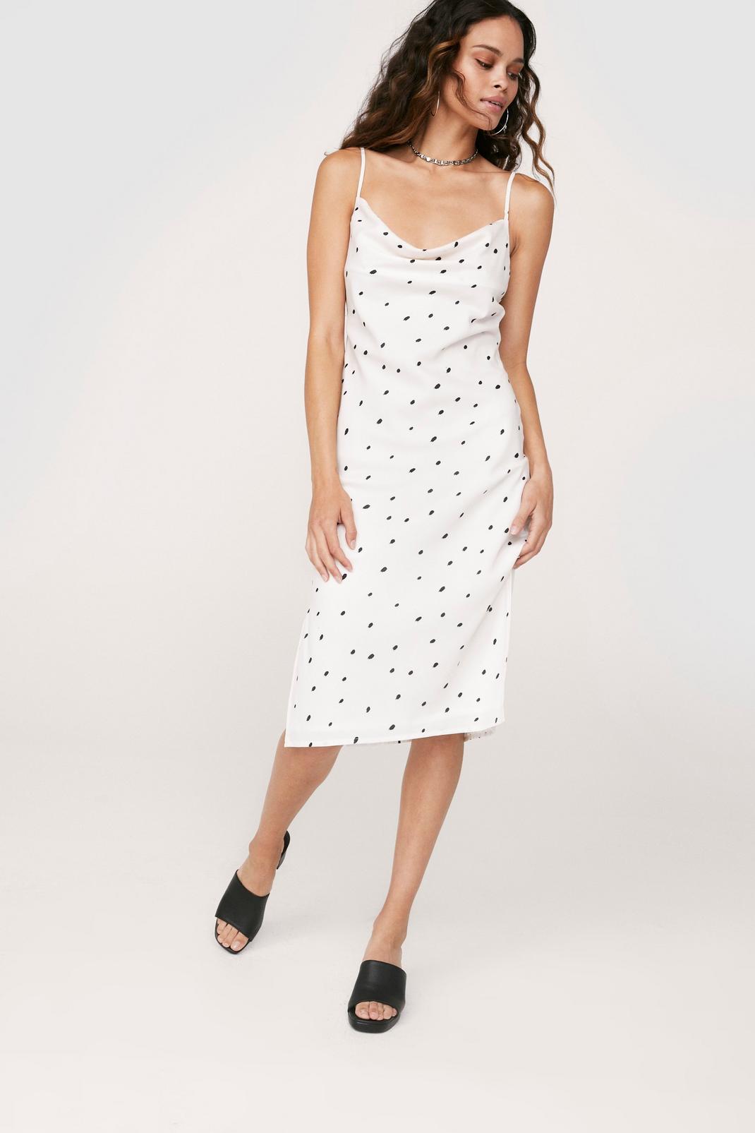 White Polka Dot Fitted Midi Slit Dress image number 1