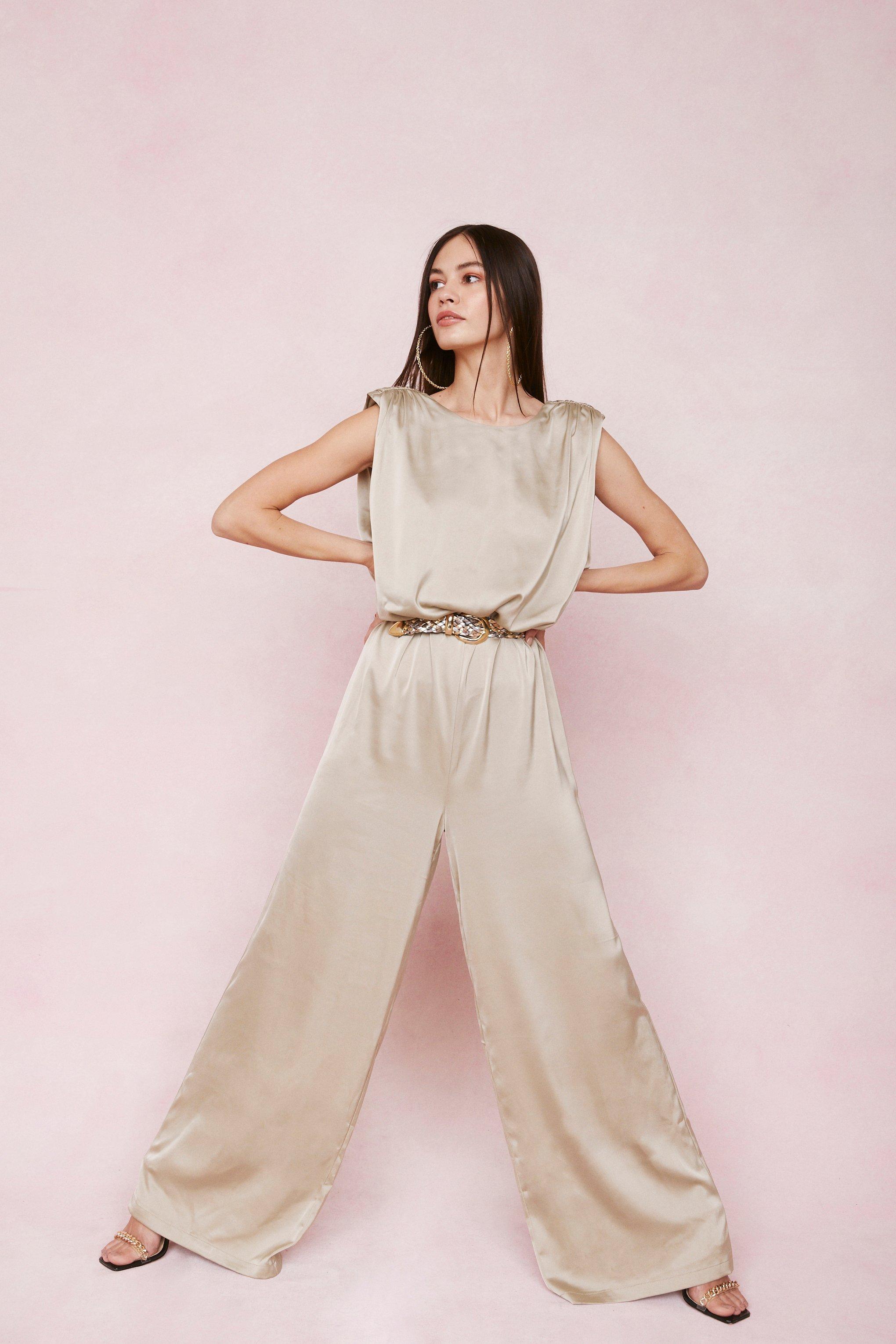 beige wide leg jumpsuit