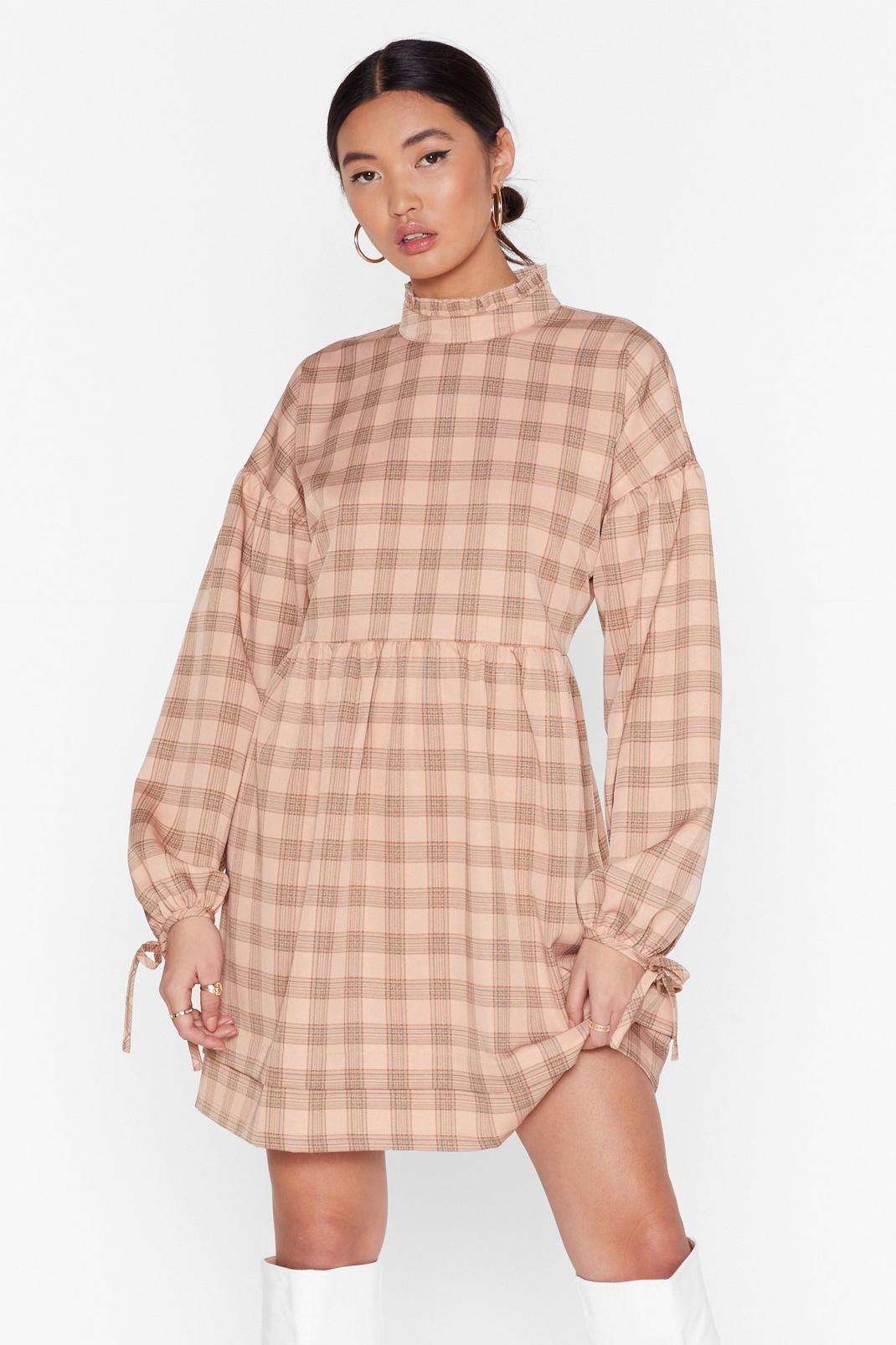 Ruffle High Neck Mini Dress with Check Print image number 1