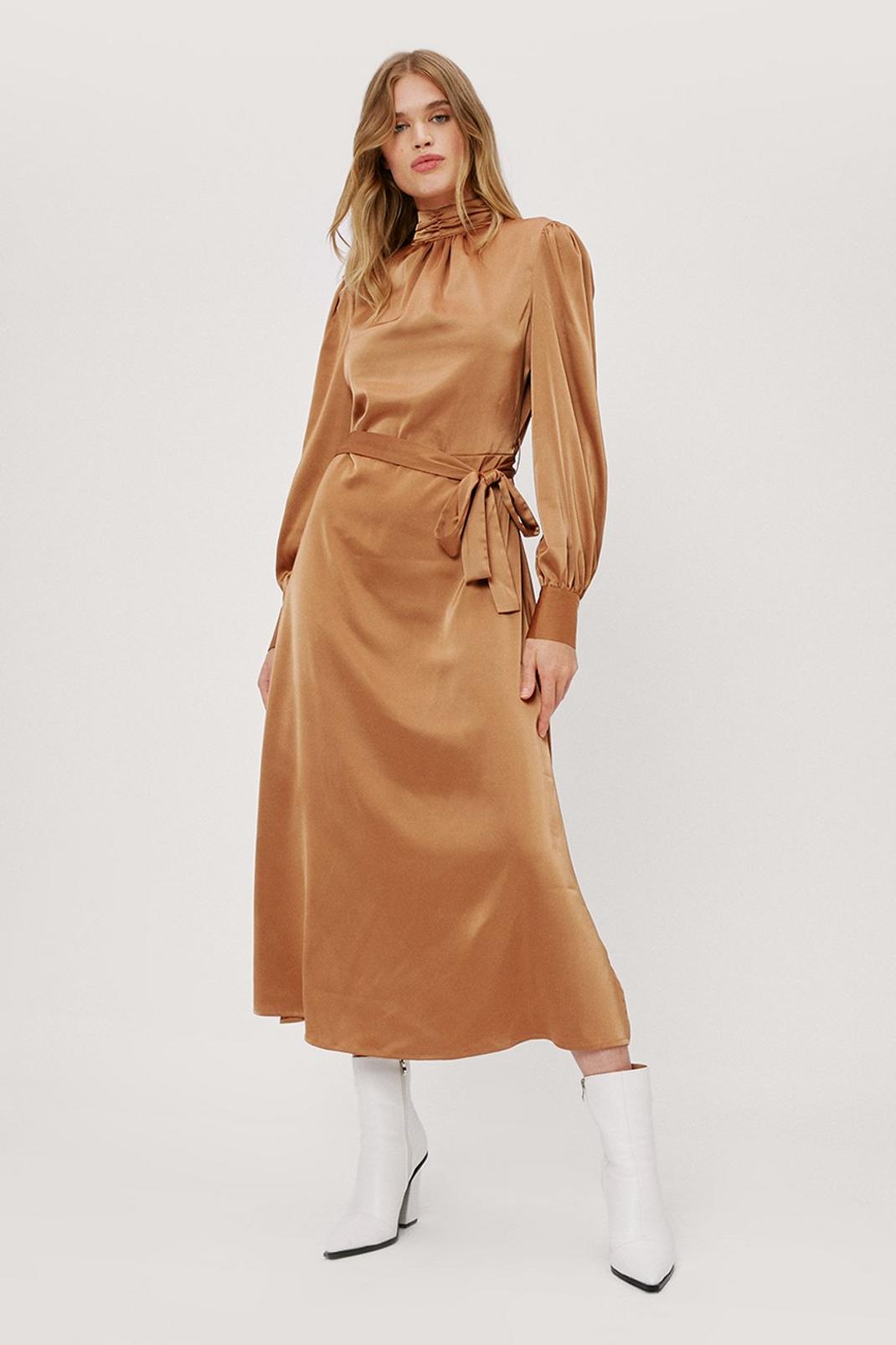 Chocolate Satin High Neck Belted Midi Dress image number 1