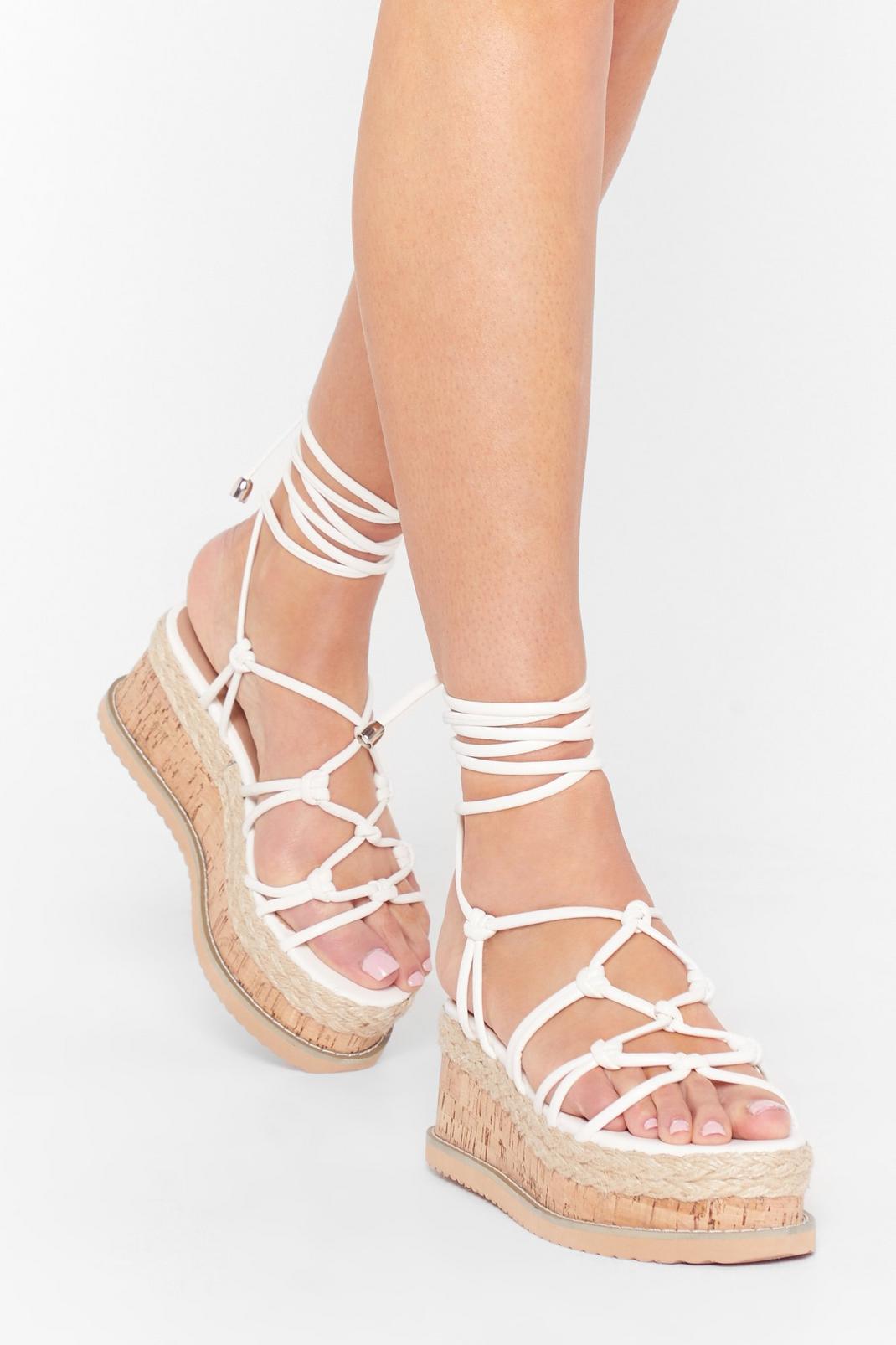 White Woven Tie Up Strappy Platform Sandals image number 1