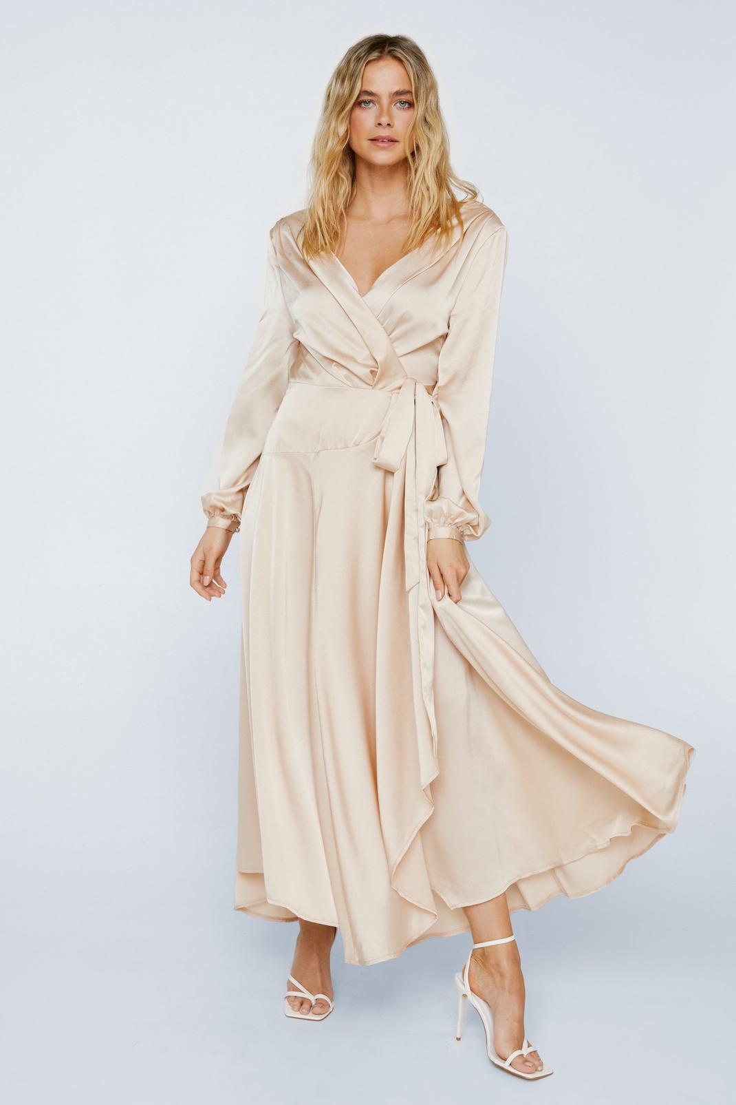 Champagne Satin Long Sleeve Cowl Back Maxi  Dress image number 1