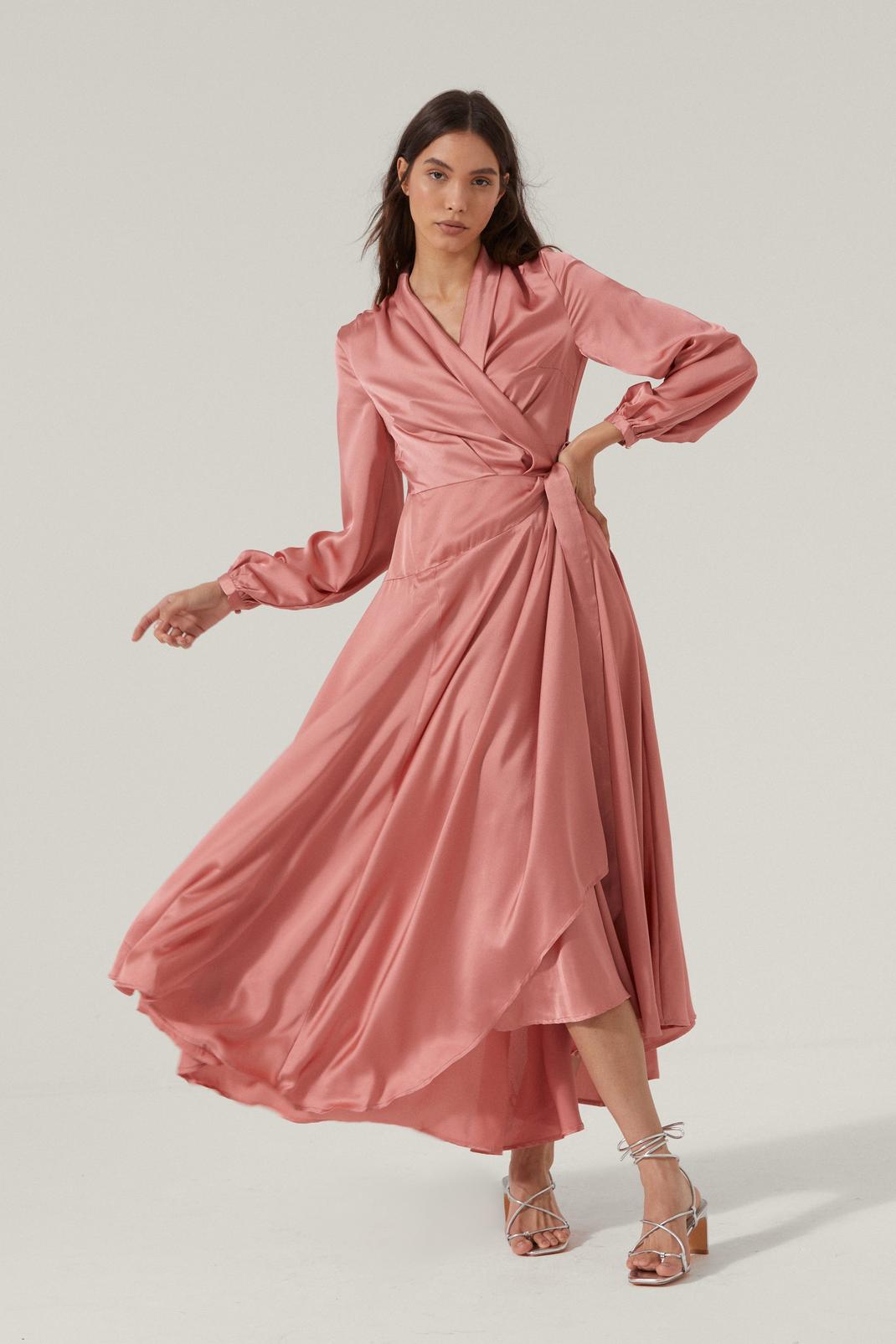 Coral Satin Long Sleeve Cowl Back Maxi  Dress image number 1