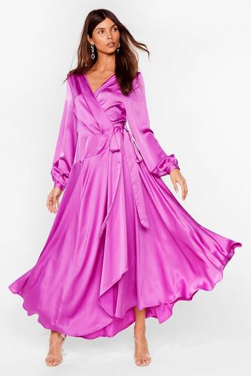 Purple Satin Long Sleeve Cowl Back Maxi Dress