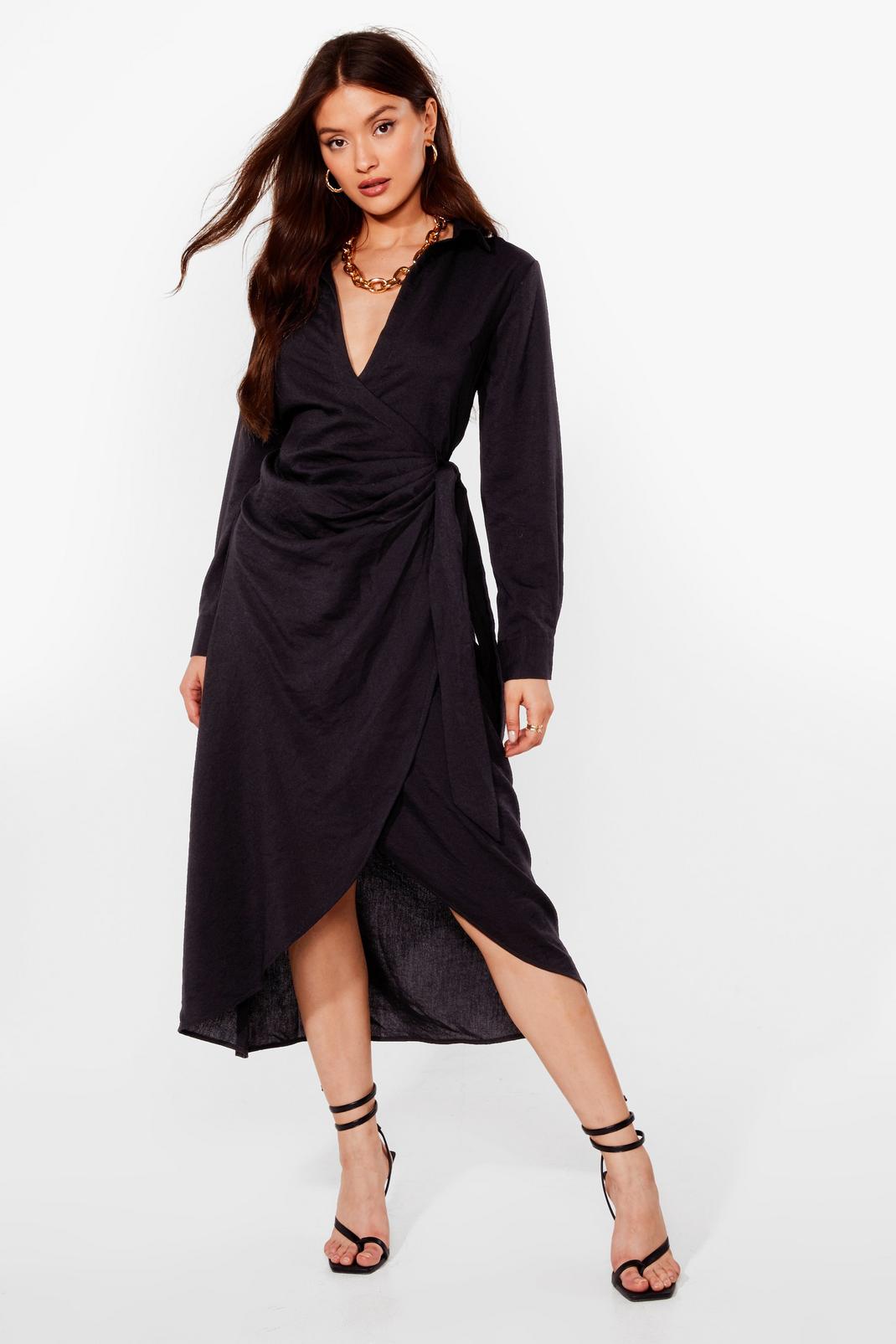 Black Long Sleeve Wrap Shirt Midi Dress image number 1
