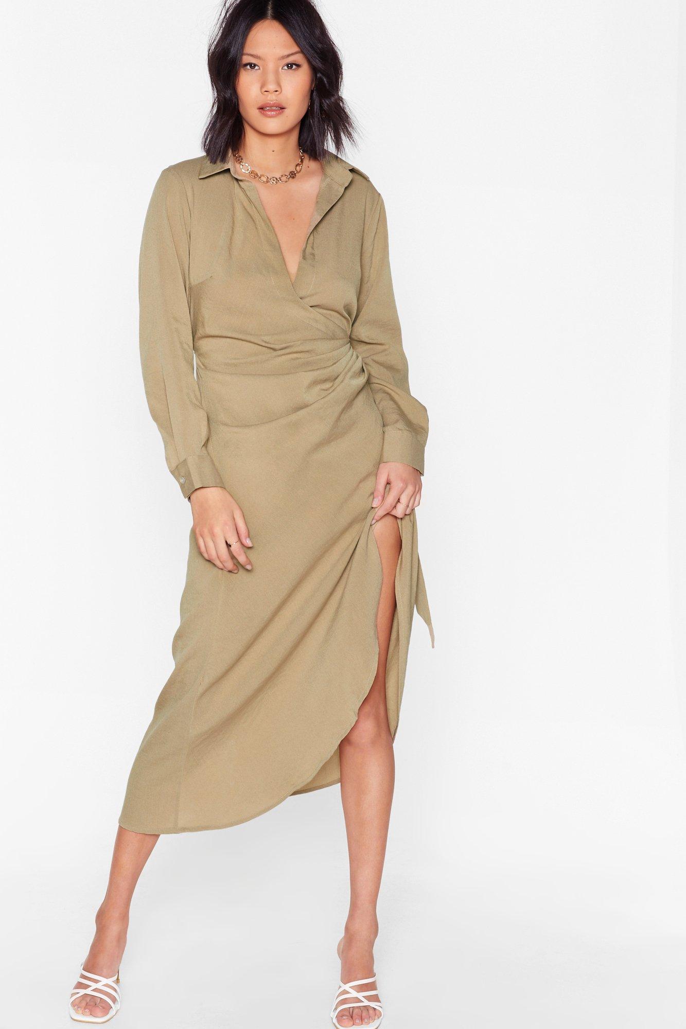 khaki shirt dress midi