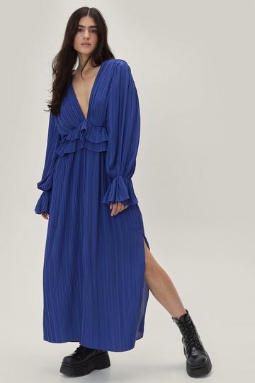 Ruffle Plunging Pleated Maxi Dress cobalt
