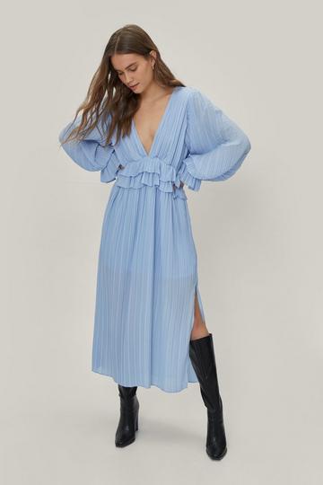Blue Ruffle Plunging Pleated Maxi Dress