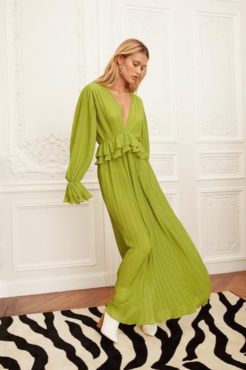 Green Ruffle Plunging Pleated Maxi Dress
