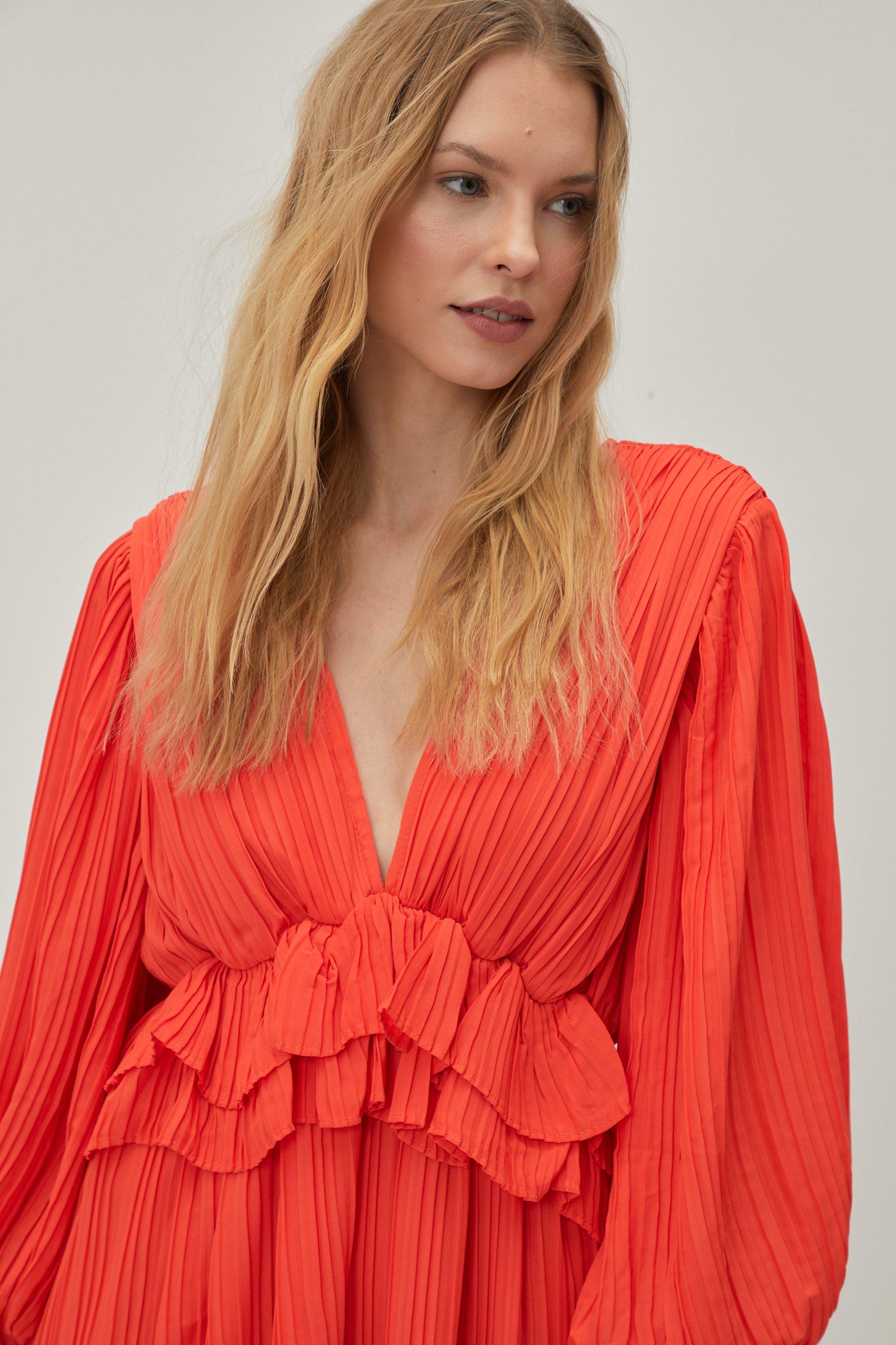 Ruffle Plunging Pleated Maxi Dress Nasty Gal