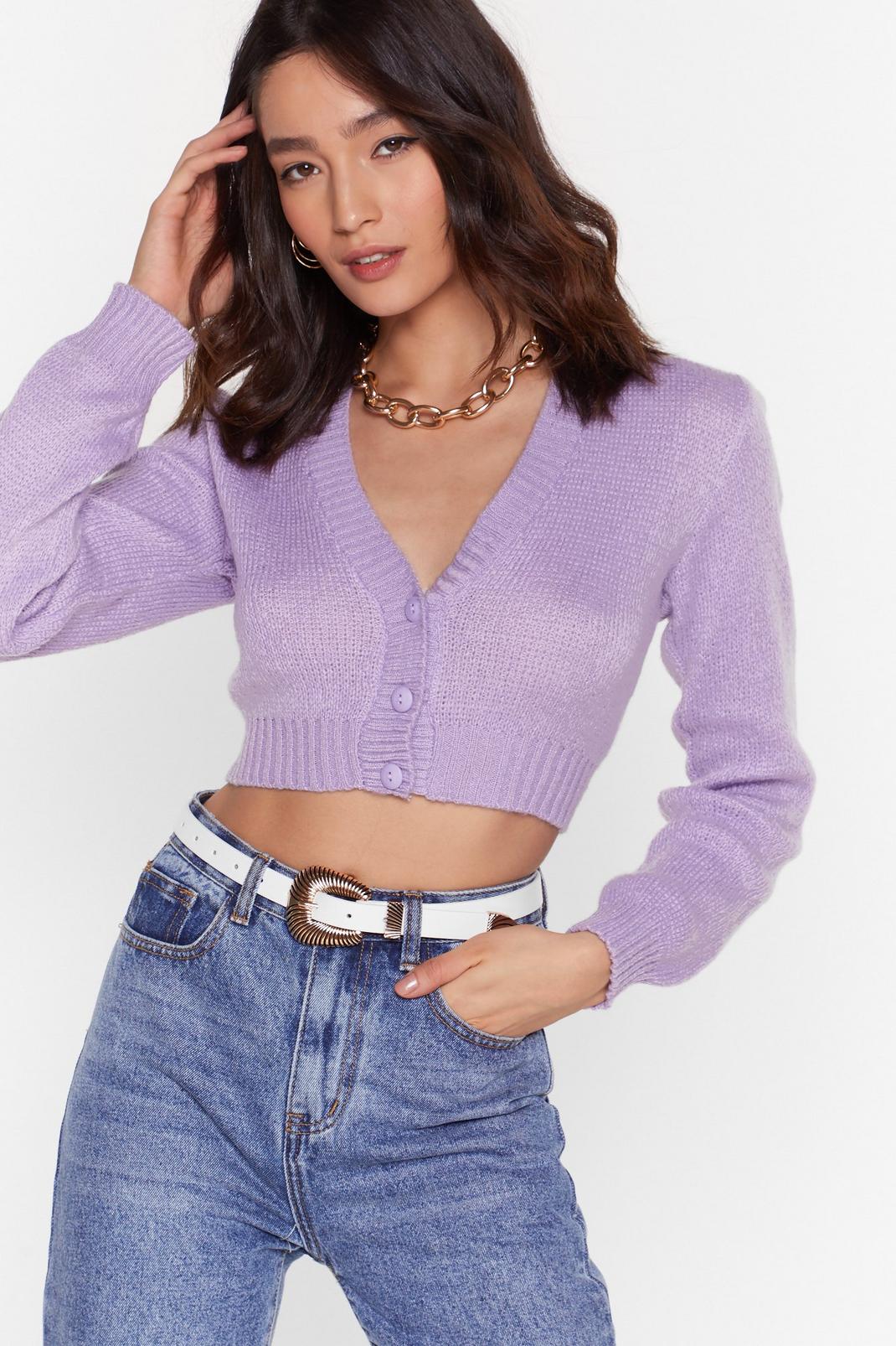 Lilac Knitted V Neck Cropped Cardigan image number 1