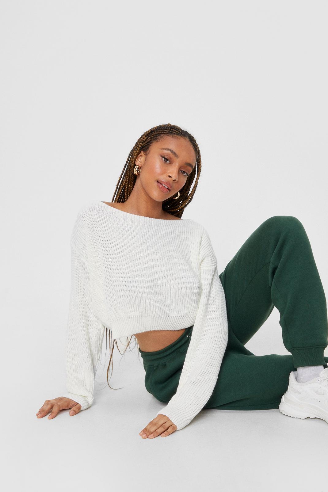 Cream Off The Shoulder Knitted Crop Sweater image number 1