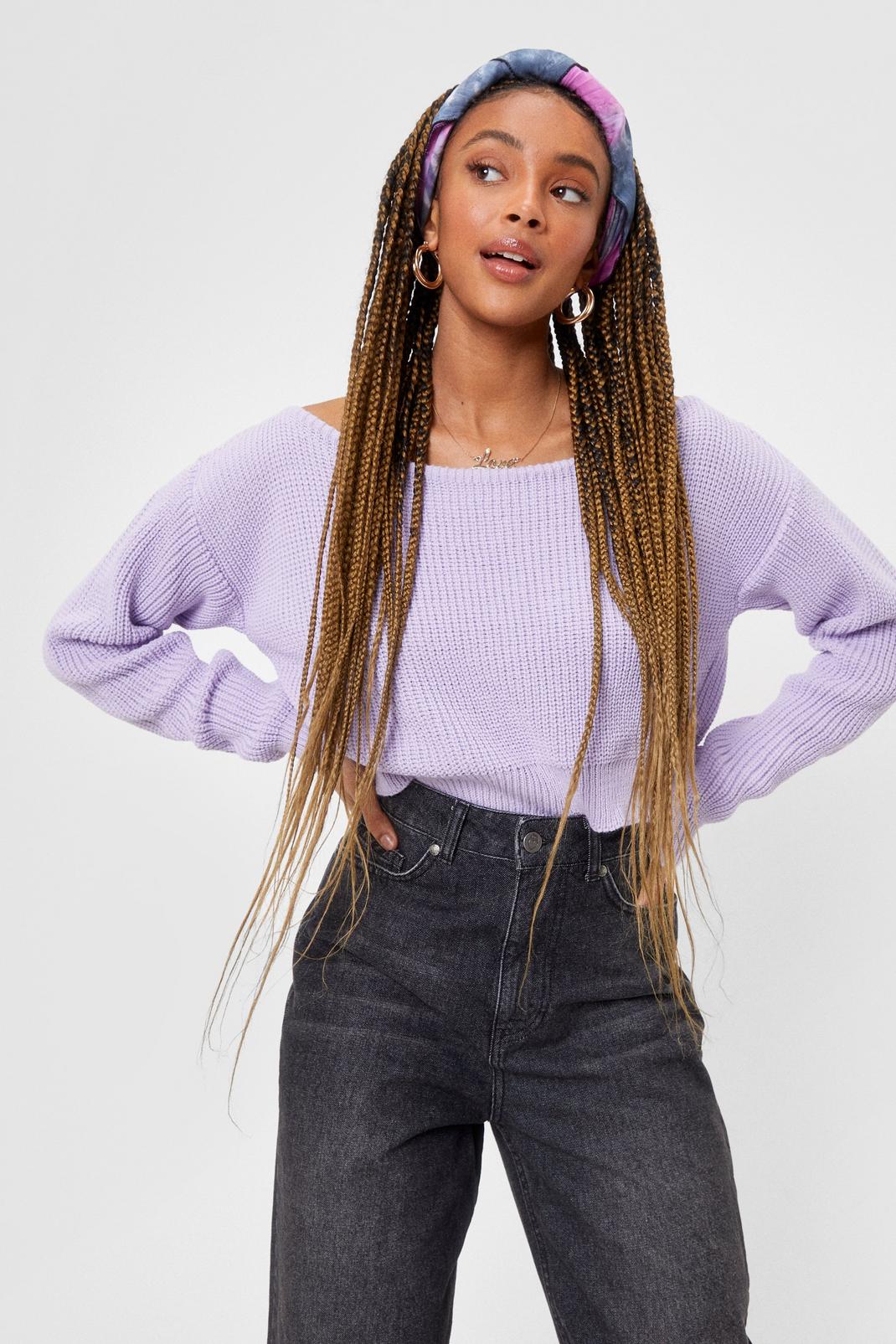 Lilac Off The Shoulder Knitted Crop Sweater image number 1