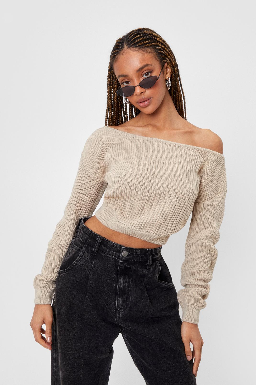 Oatmeal Off The Shoulder Knitted Crop Sweater image number 1