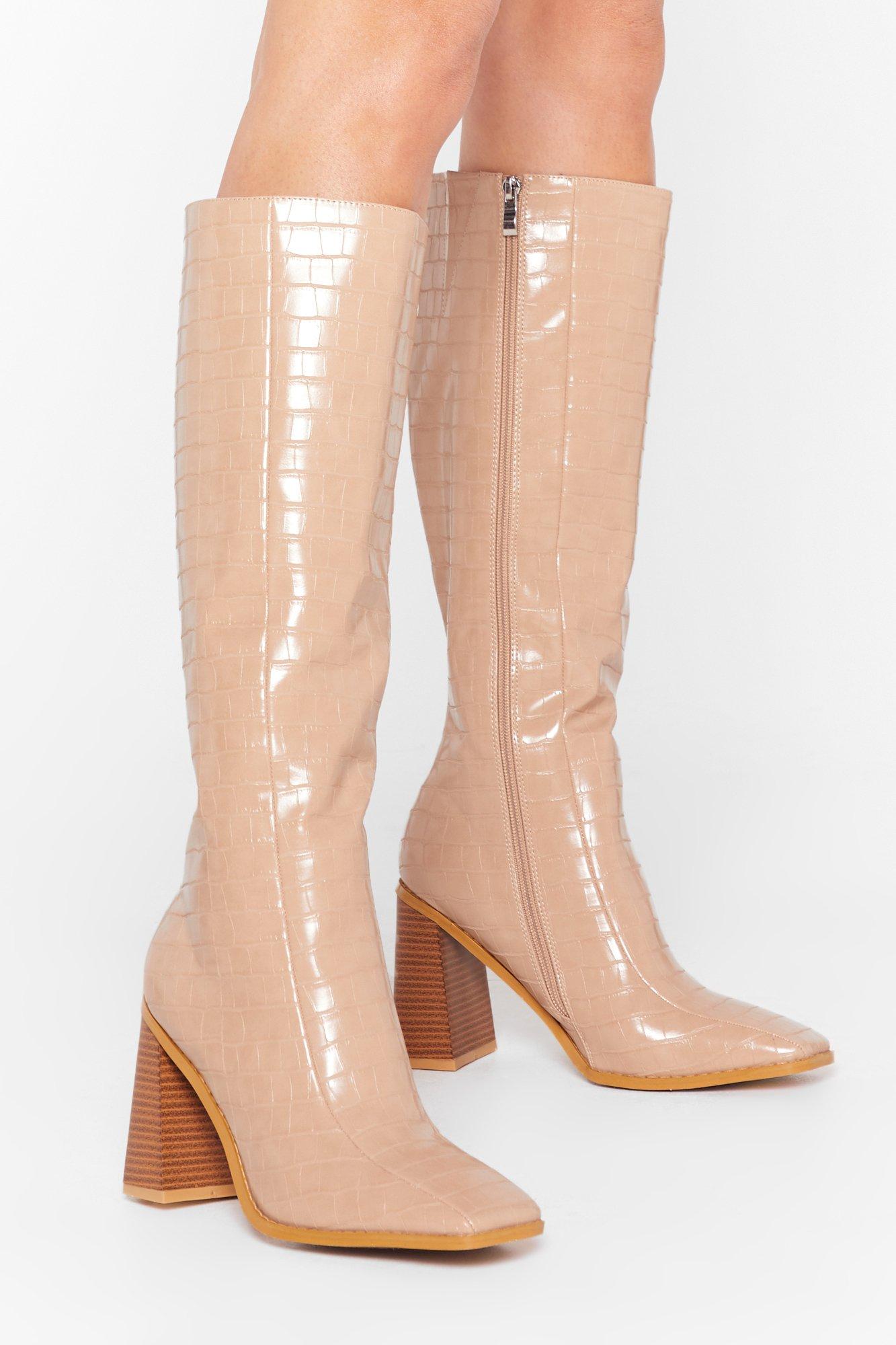 croc embossed knee high boots