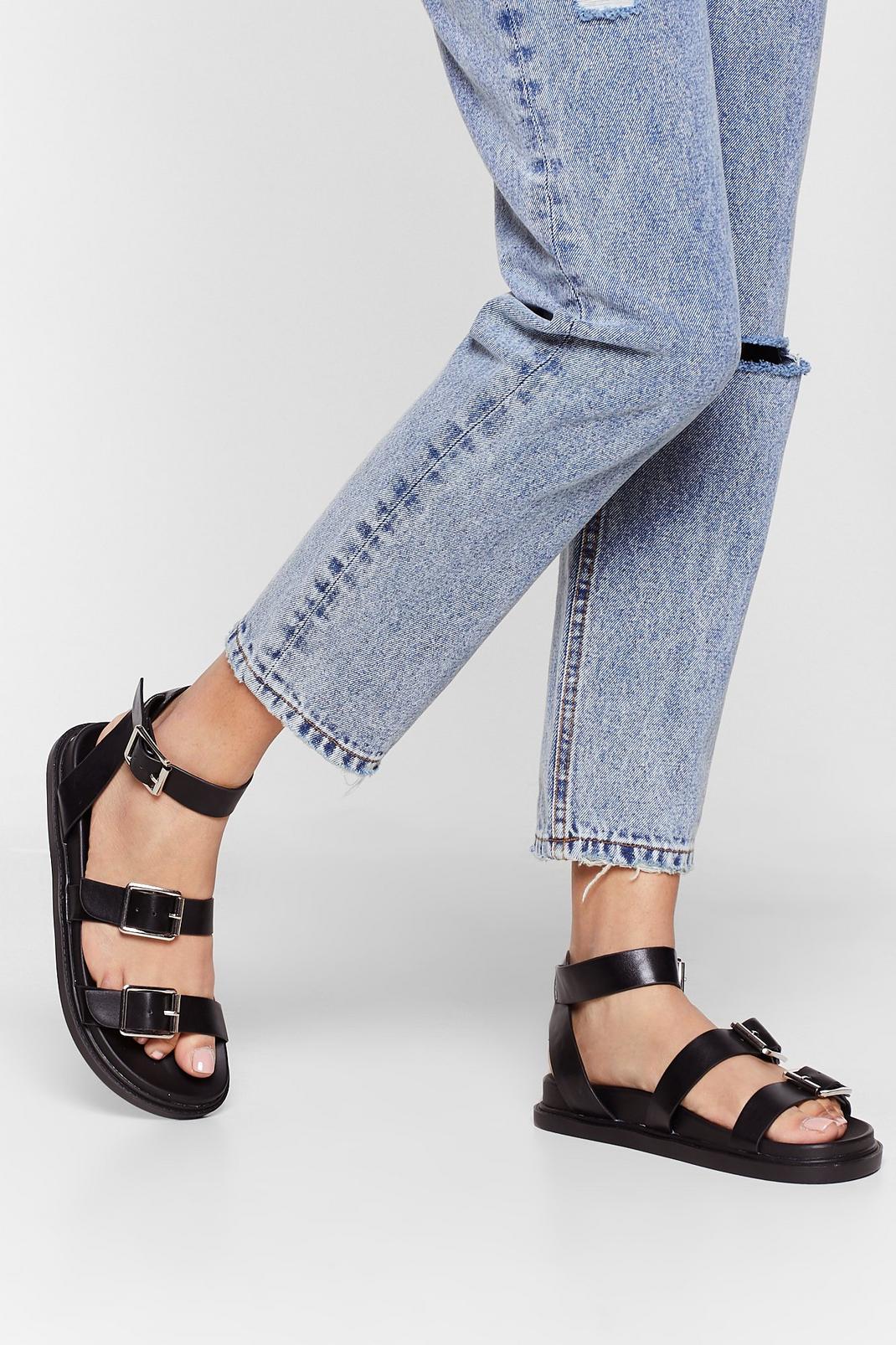 Don't Worry Be Strappy Faux Leather Buckle Sandals image number 1