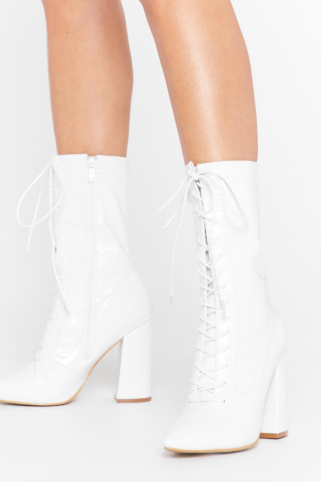White Crop Lace Up Heeled Boots image number 1