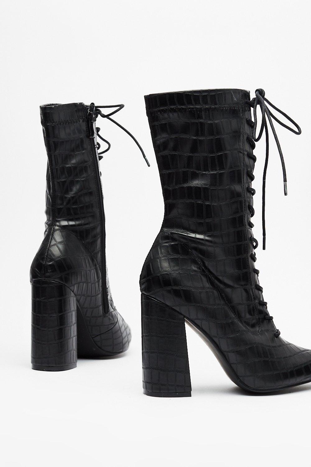 Croc print discount lace up boots