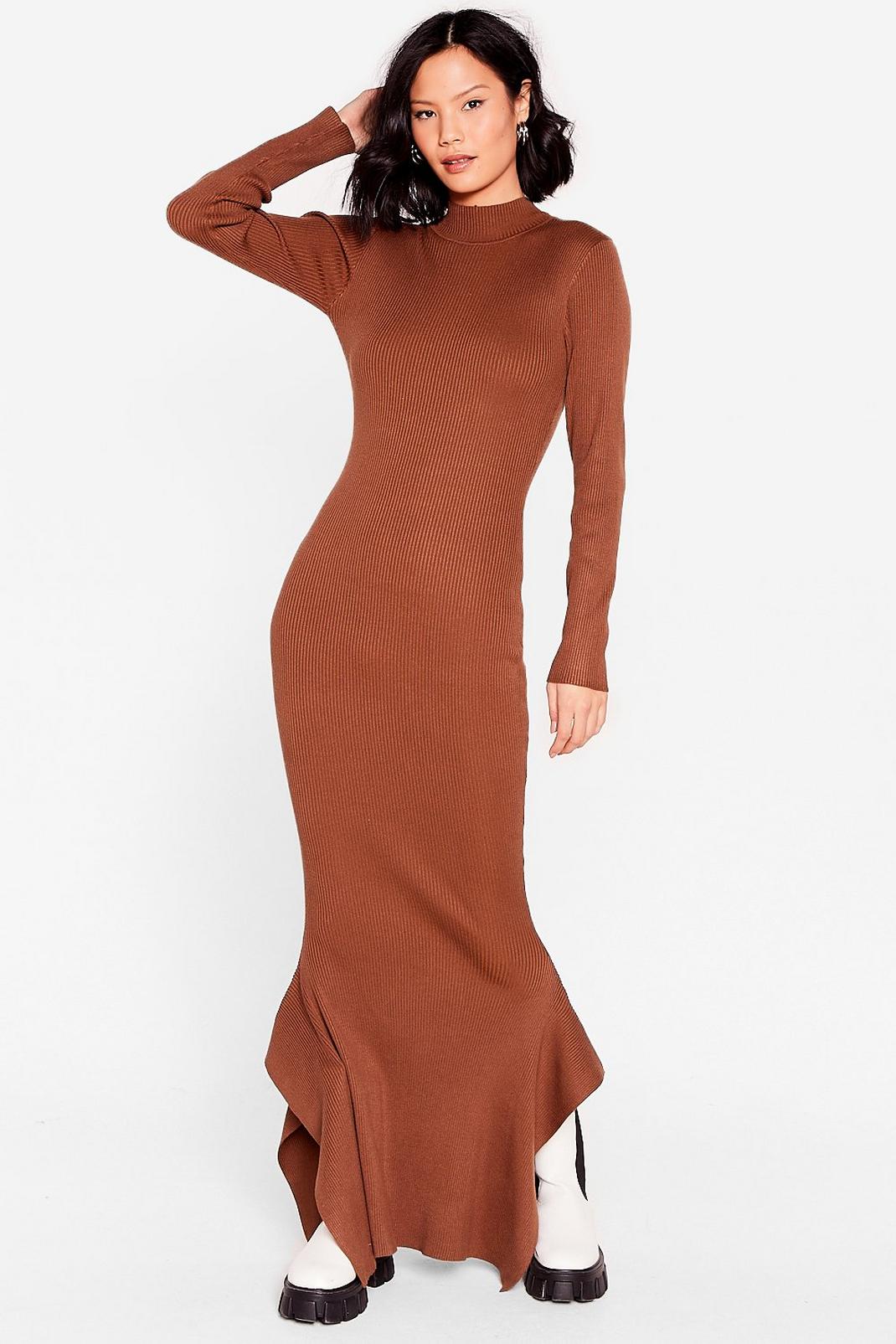 Chocolate Ribbed Long Sleeve Waterfall Maxi Dress image number 1