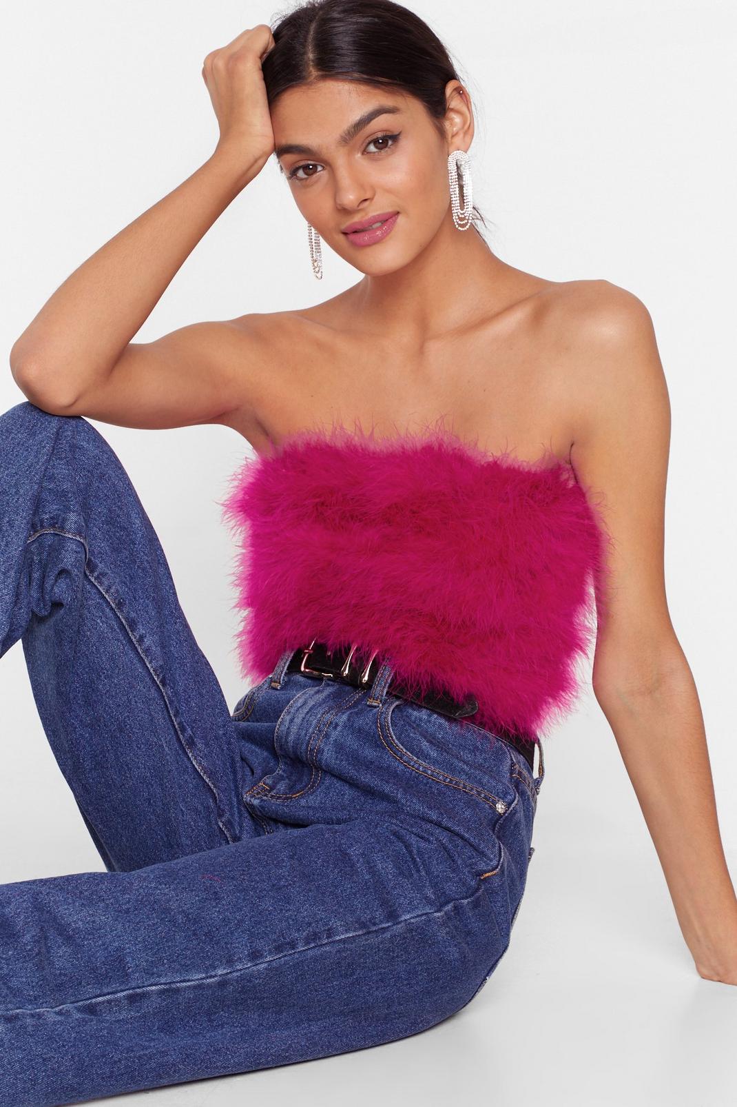 Hot pink On the Fly Feather Bandeau Crop Top image number 1