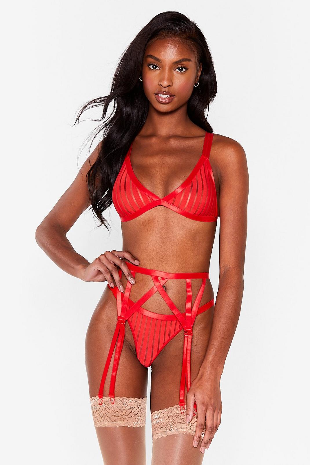 Red Strappy 3-Pc Triangle Bra Lingerie Set image number 1