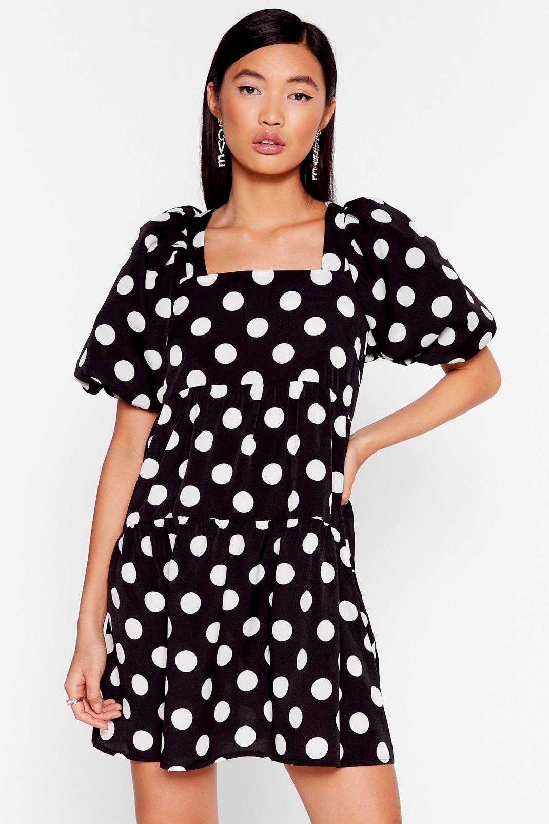 Black Large Polka Dot Puff Sleeve Mini Dress image number 1