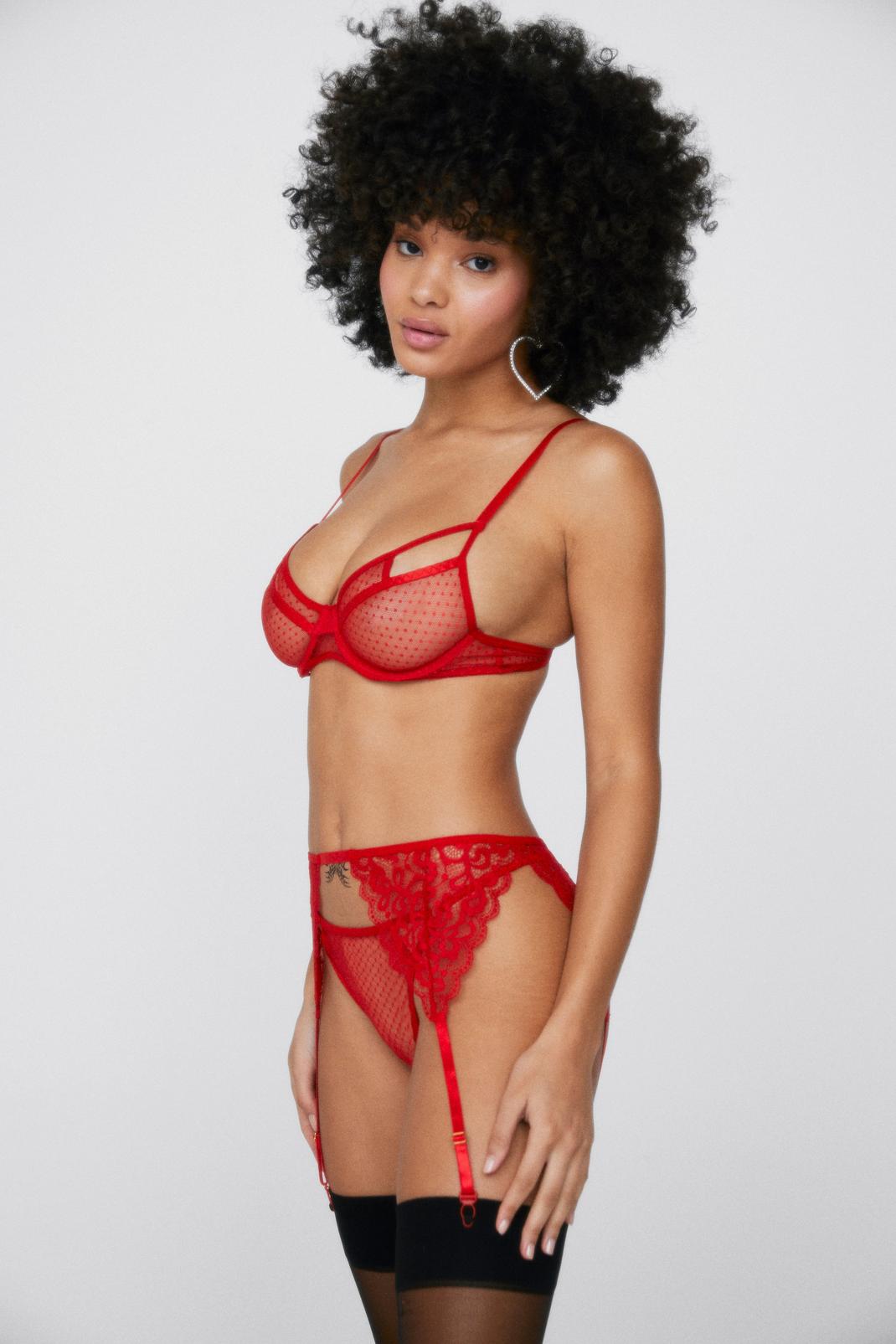Red Mesh Cut Out Lingerie 3-Pc Set image number 1