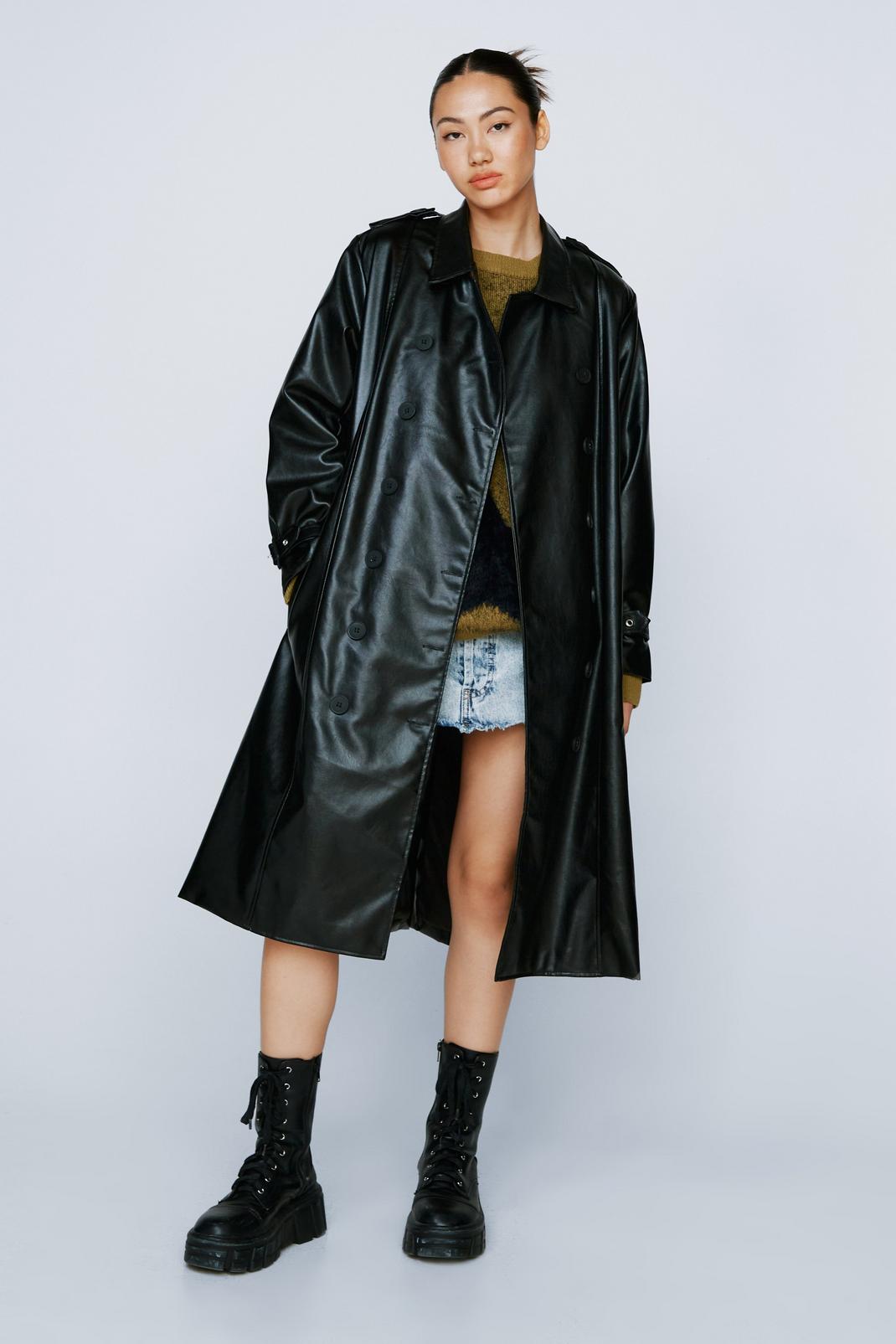 Black Faux Leather Belted Trench Coat image number 1