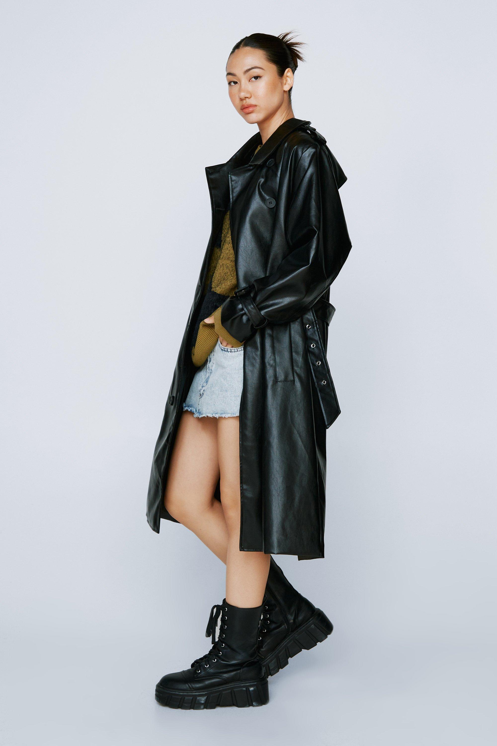 Faux Leather Belted Longline Trench Coat