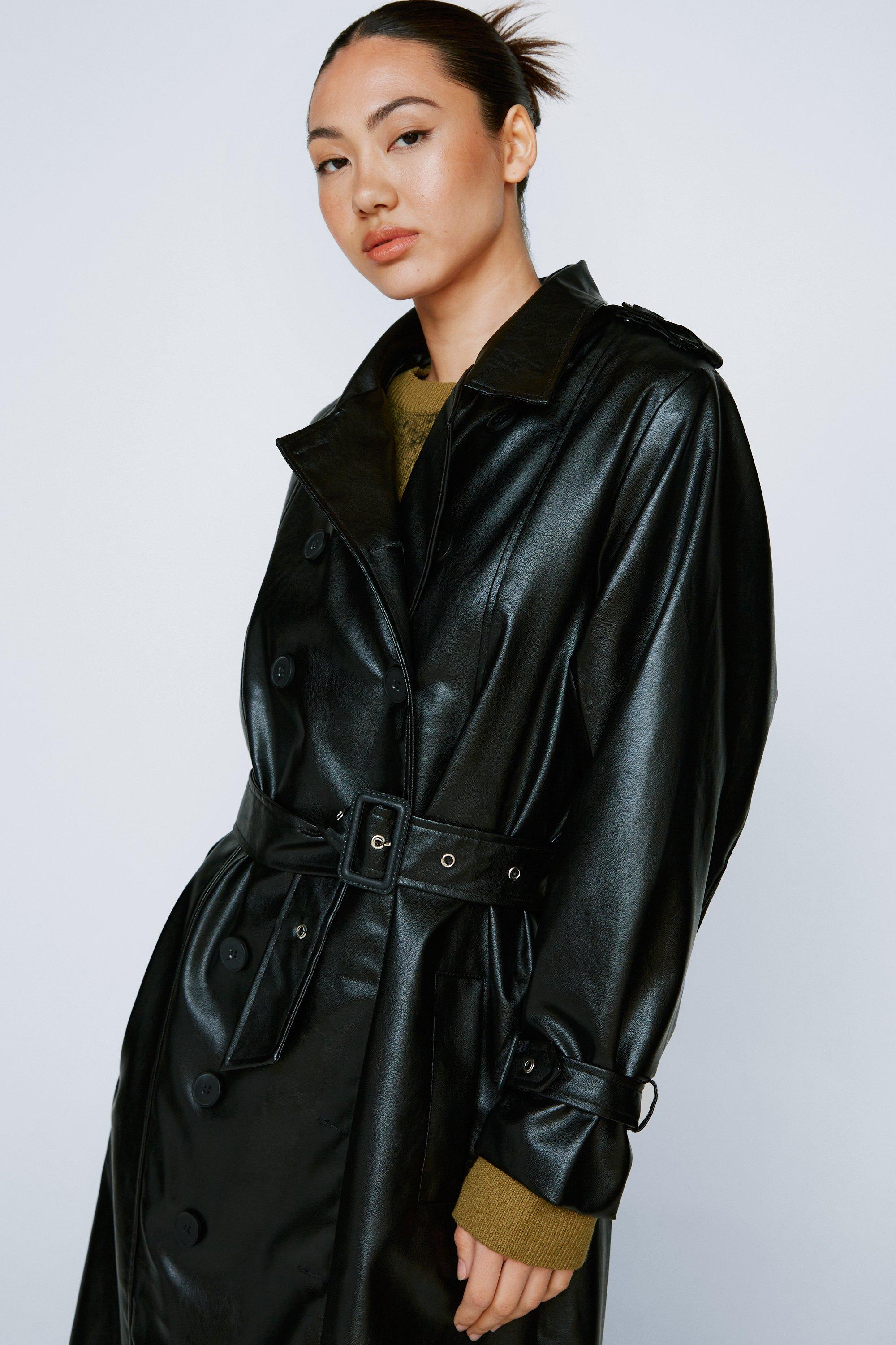 Faux Leather Belted Longline Trench Coat