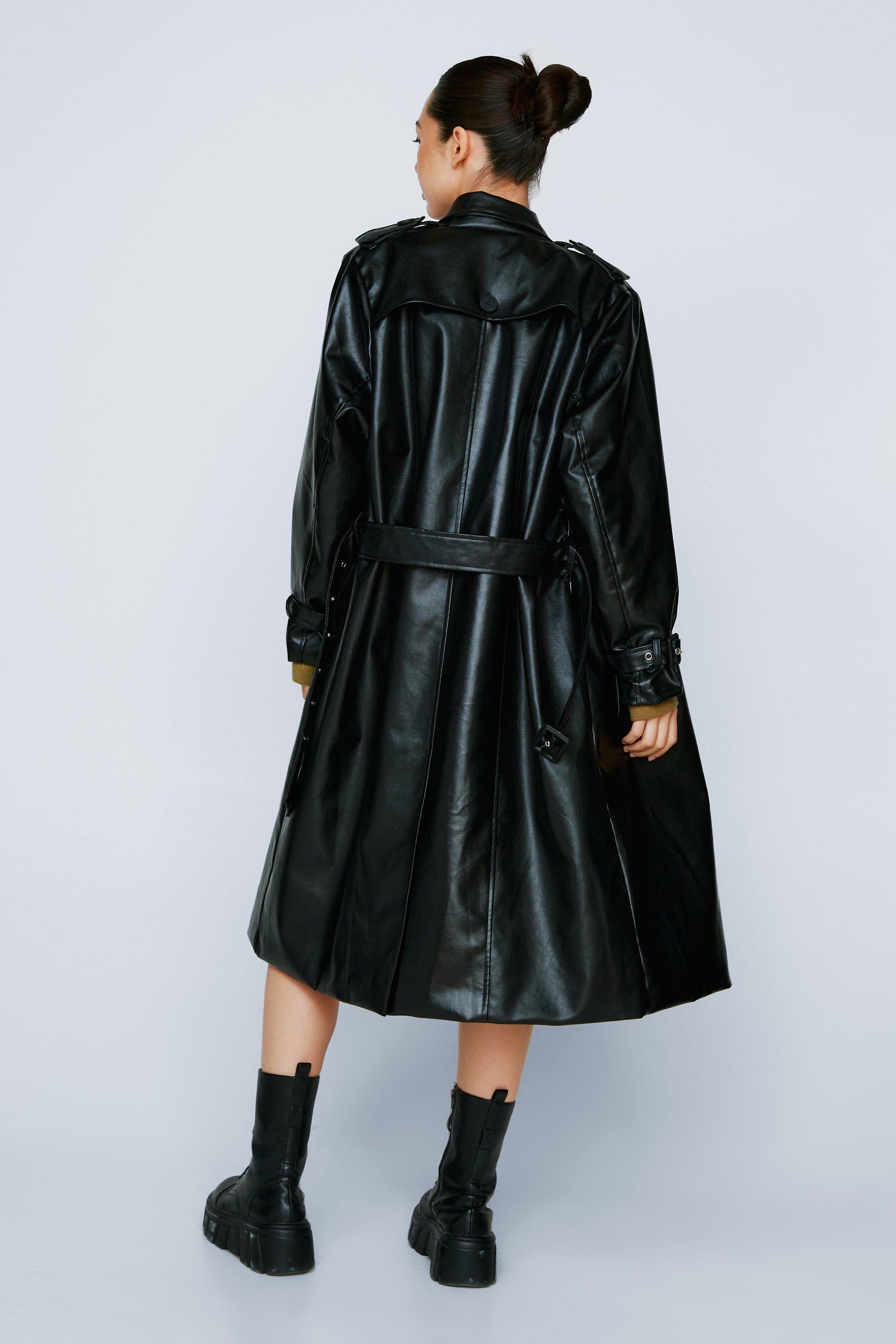 Faux Leather Belted Trench Coat