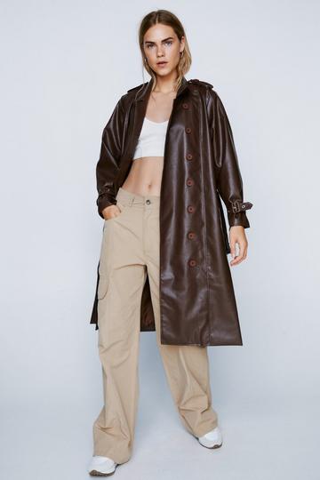 Faux Leather Belted Longline Trench Coat brown