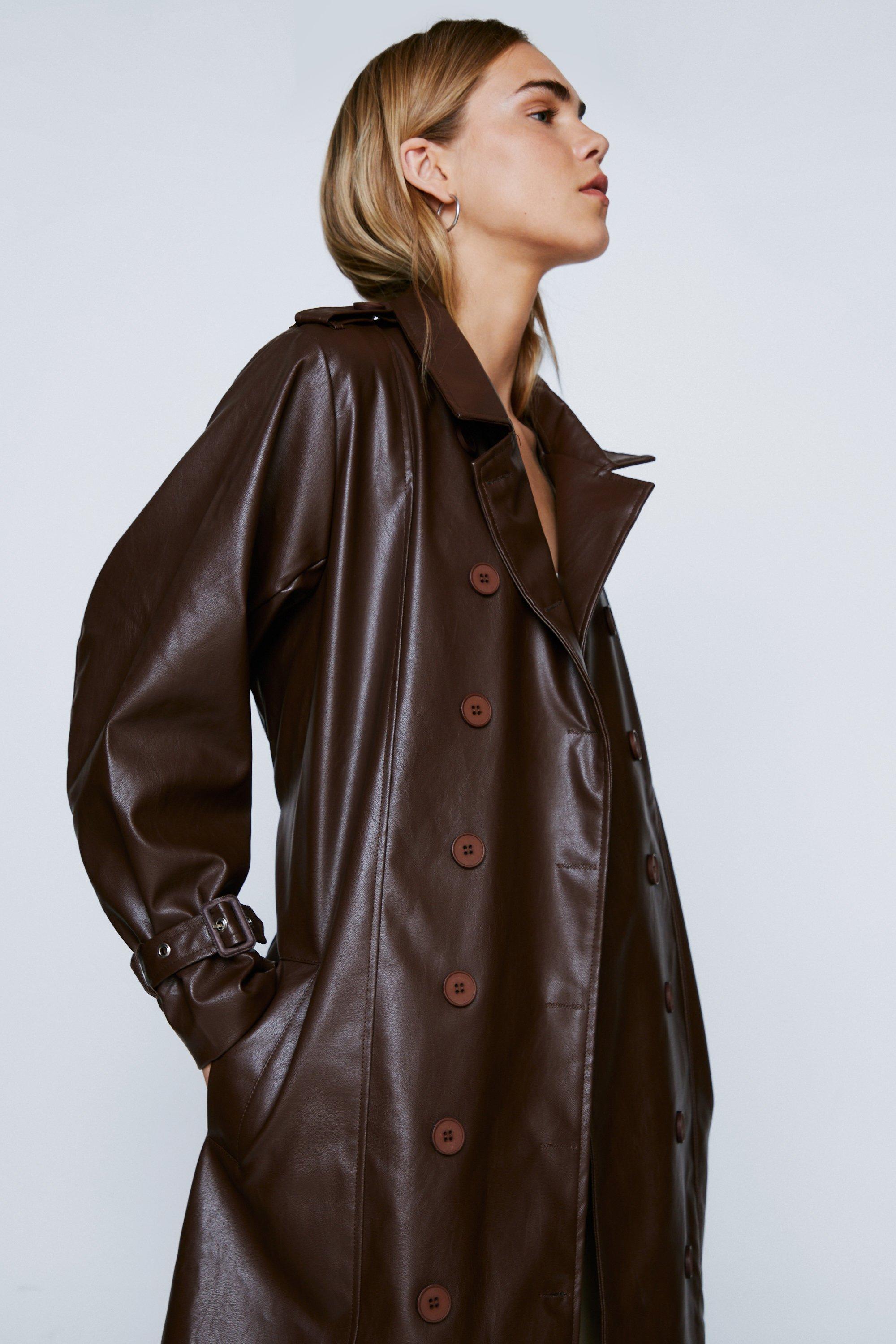 Faux leather belted trench coat