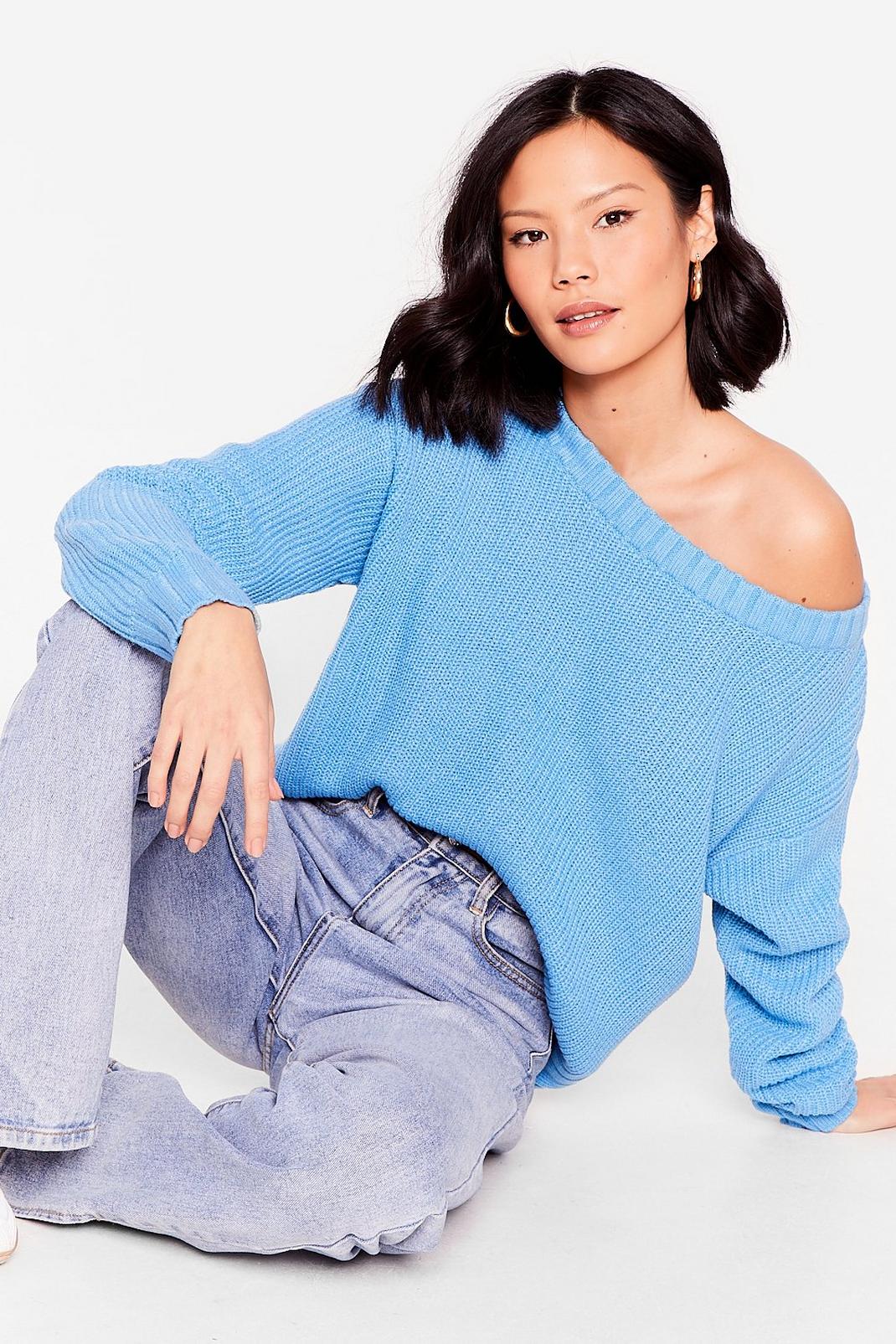 Bright blue Knitted Slouchy Off the Shoulder Sweater image number 1