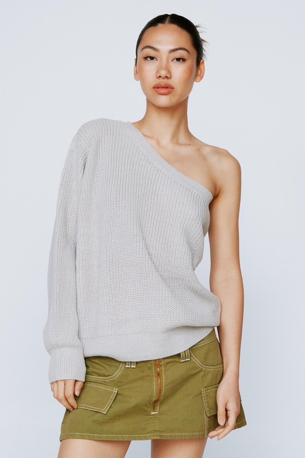 Silver grey Knitted One Shoulder Loose Sweater image number 1