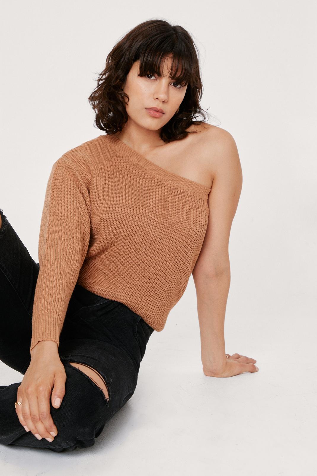 Tan Knitted One Shoulder Loose Sweater image number 1