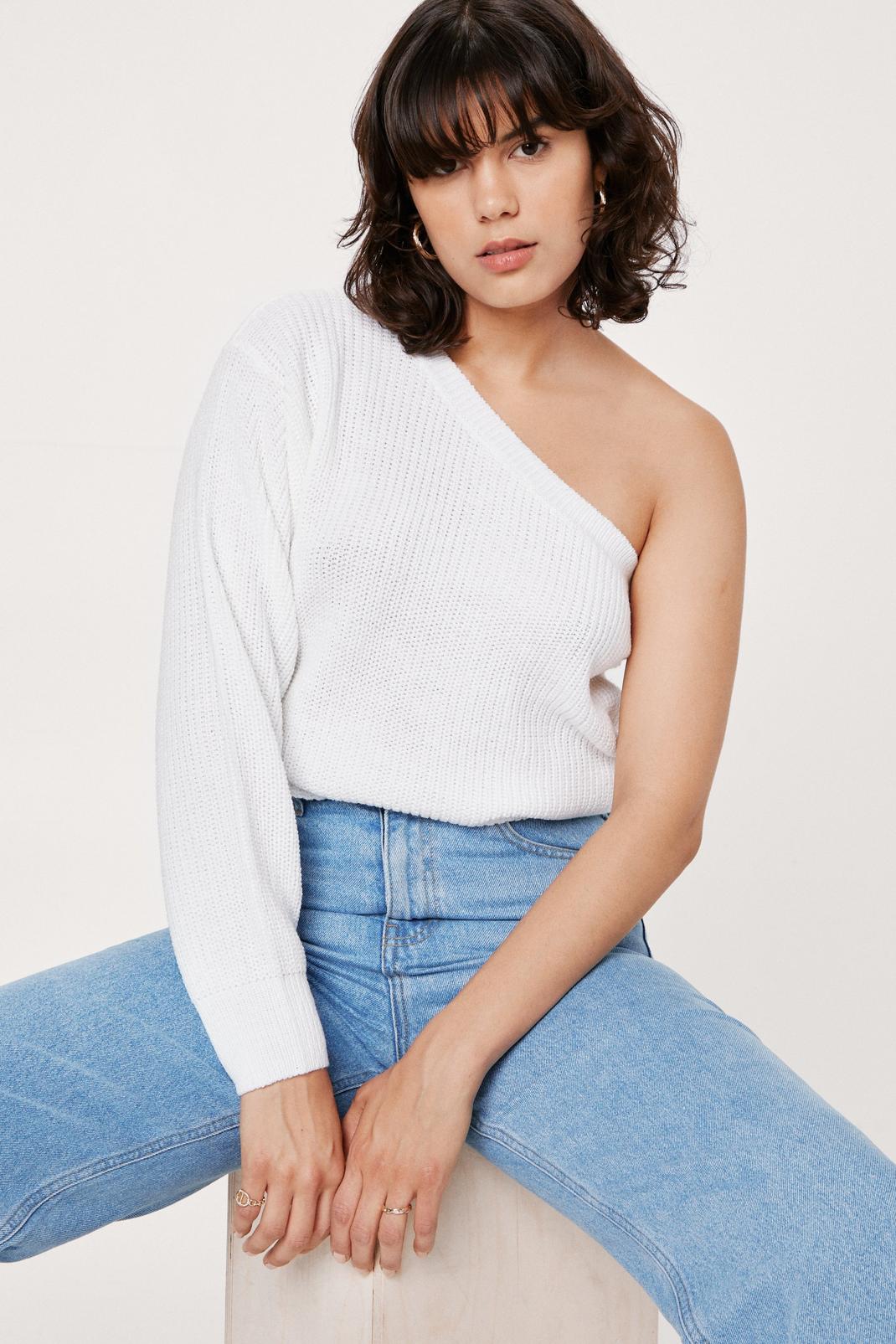 White One Shoulder Knit Sweater image number 1