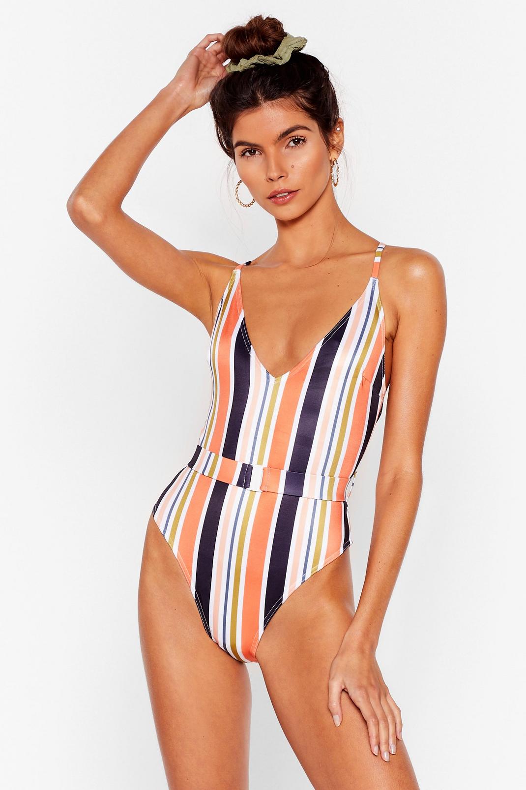 Get It Stripe Belted High-Leg Swimsuit image number 1
