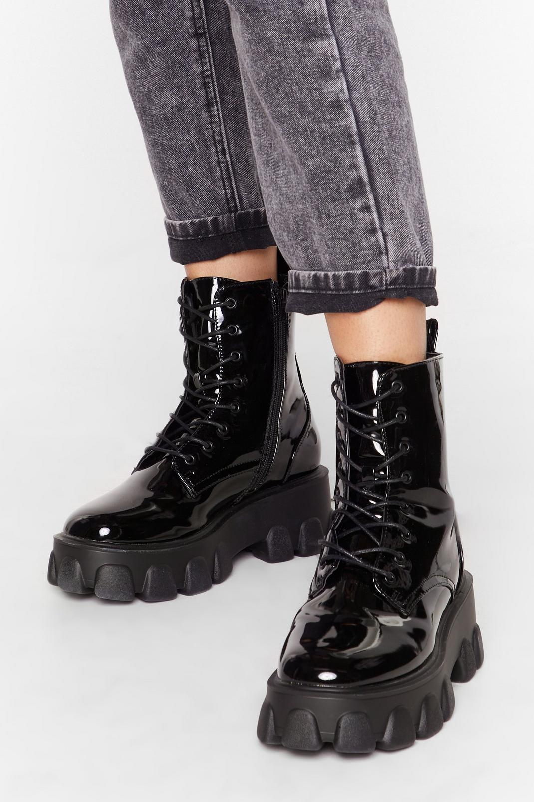 Things Just Got Cleated Patent Faux Leather Boots image number 1