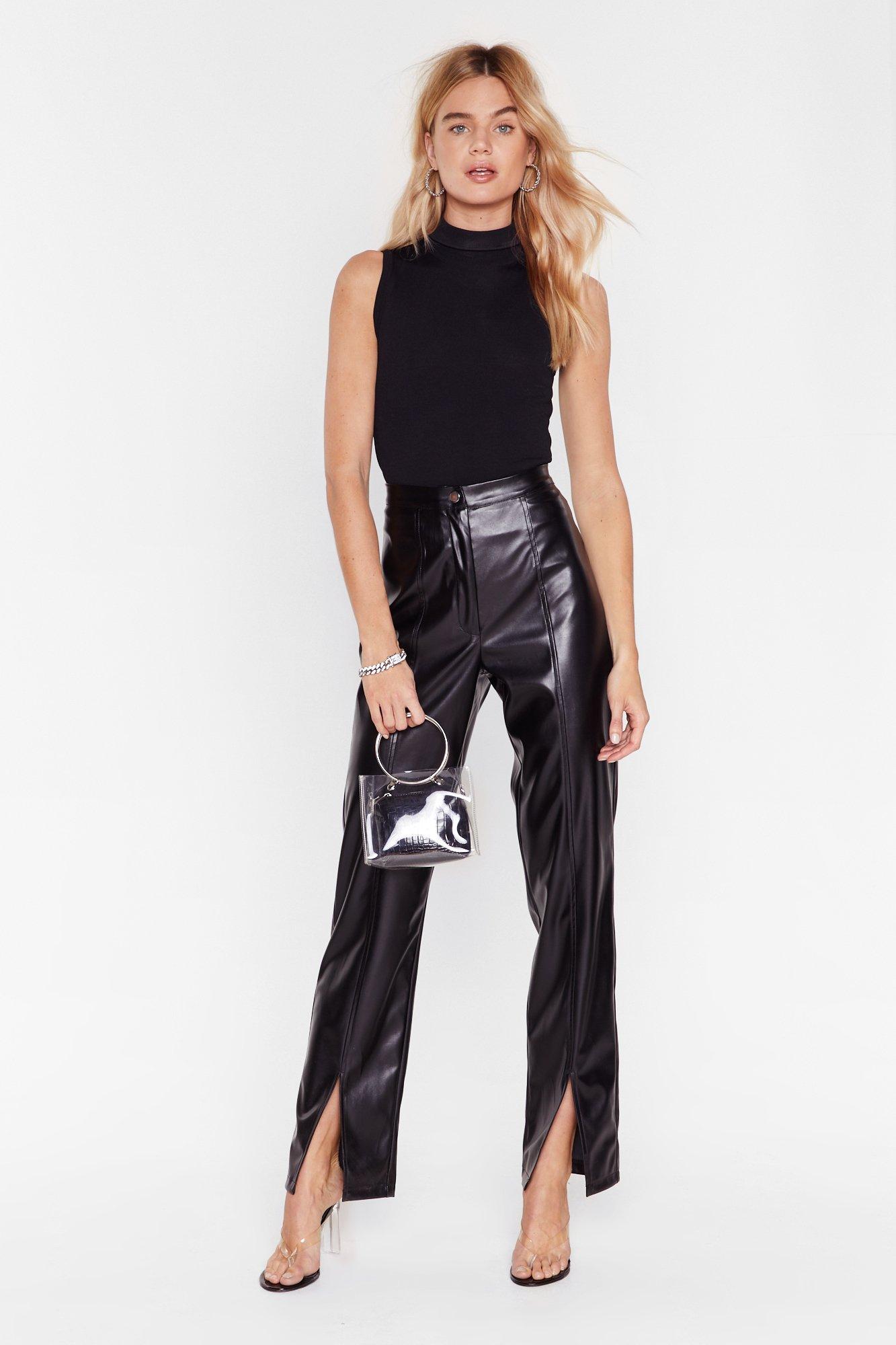 faux leather pants with slits