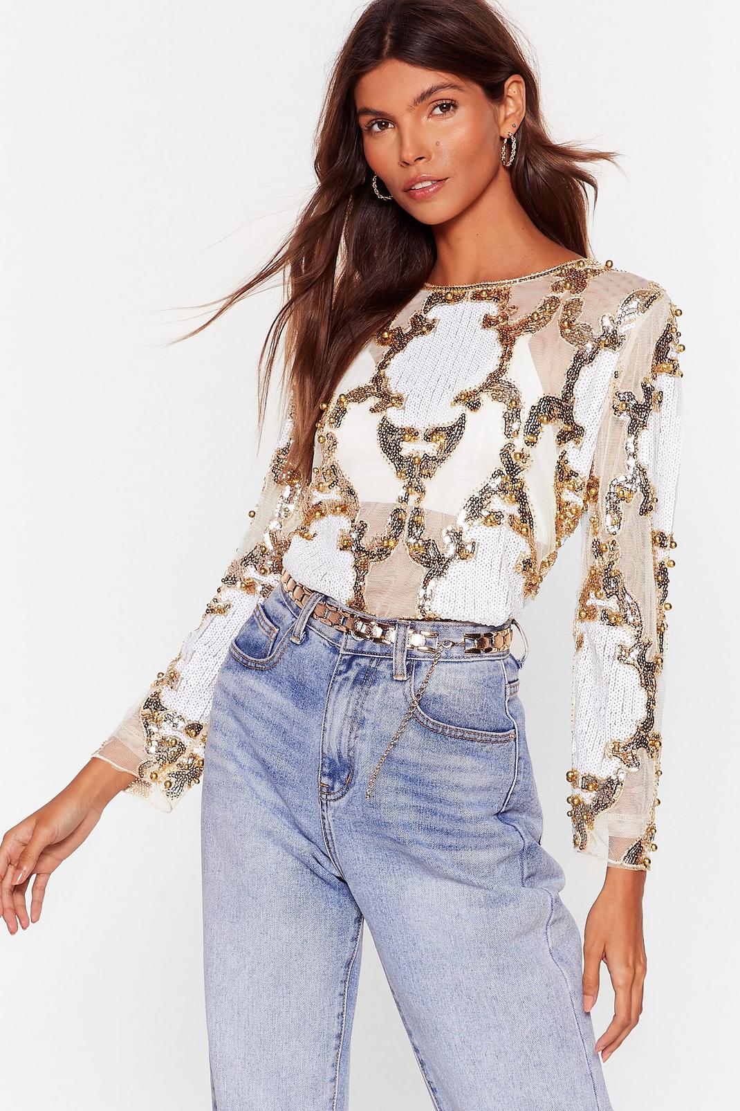 Play to Sequin Embellished Mesh Blouse image number 1