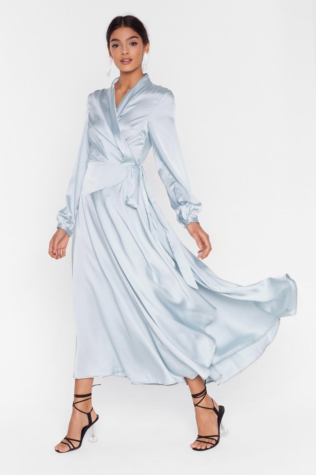 Mint Satin Long Sleeve Wrap Maxi Dress image number 1