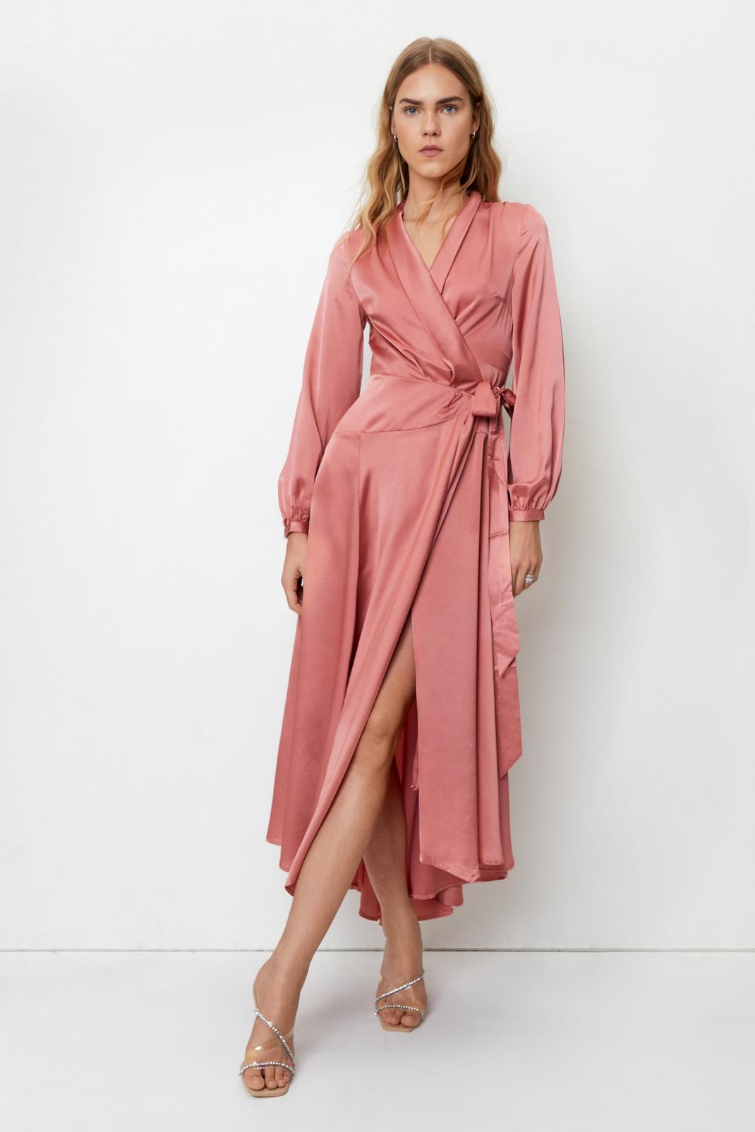 Rose Satin Long Sleeve Wrap Maxi Dress image number 1