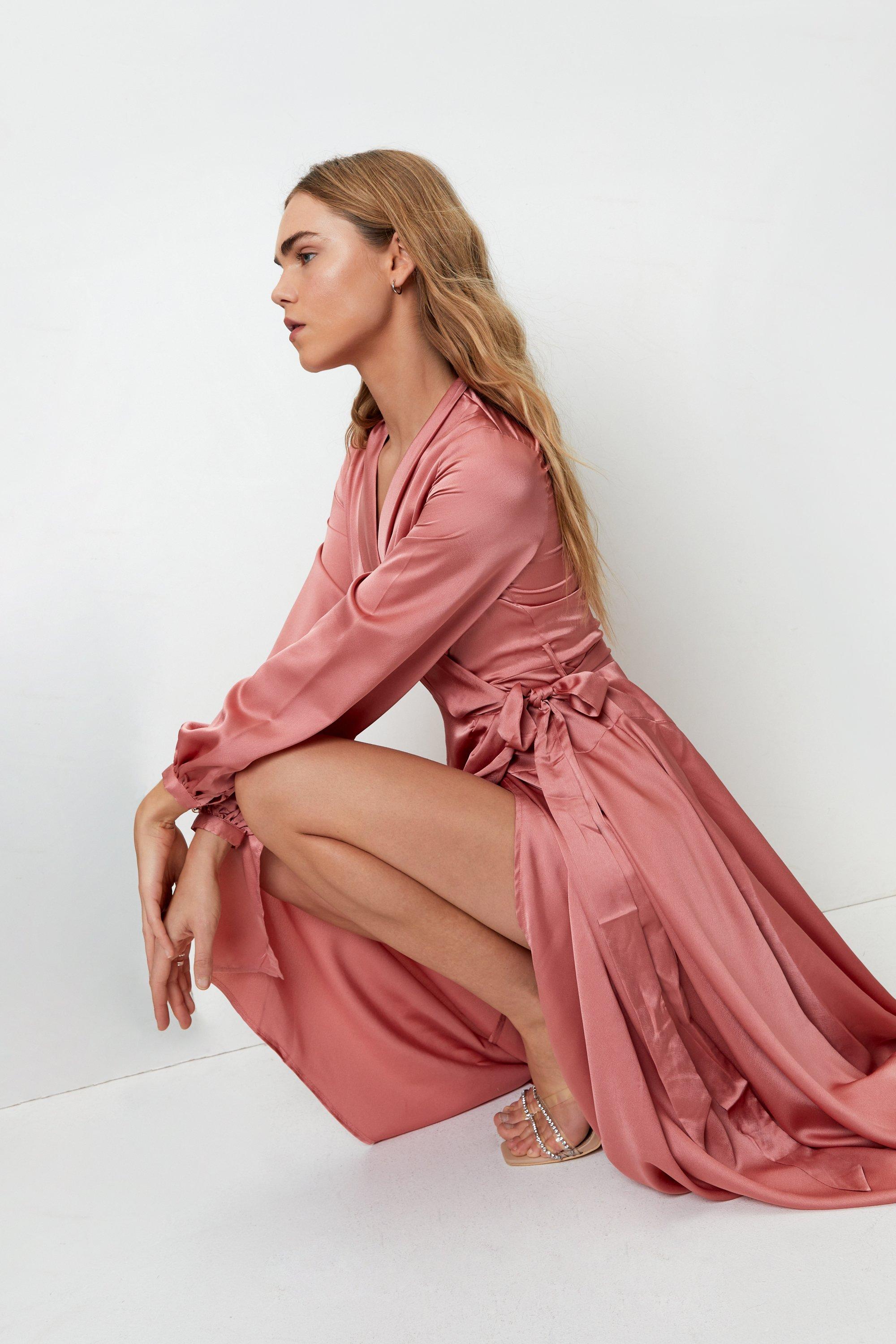 Red Satin Long Sleeve Maxi Wrap Dress