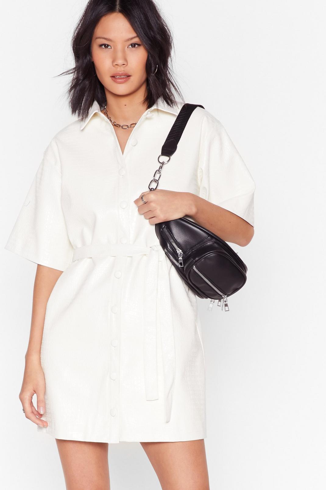 White Faux Croc Belted Mini Shirt Dress image number 1