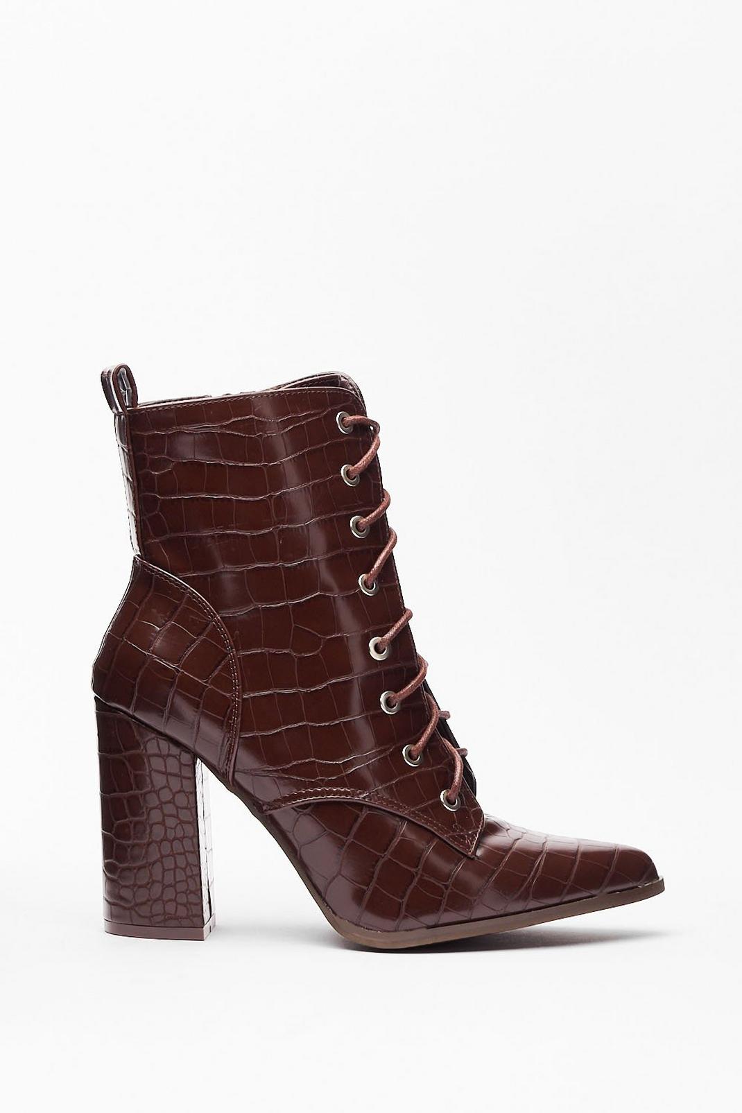 Chocolate Croc Embossed Lace Up Heeled Boots image number 1