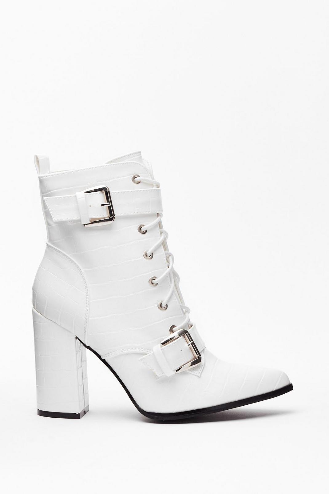White Faux Leather Croc Buckle Heeled Boots image number 1